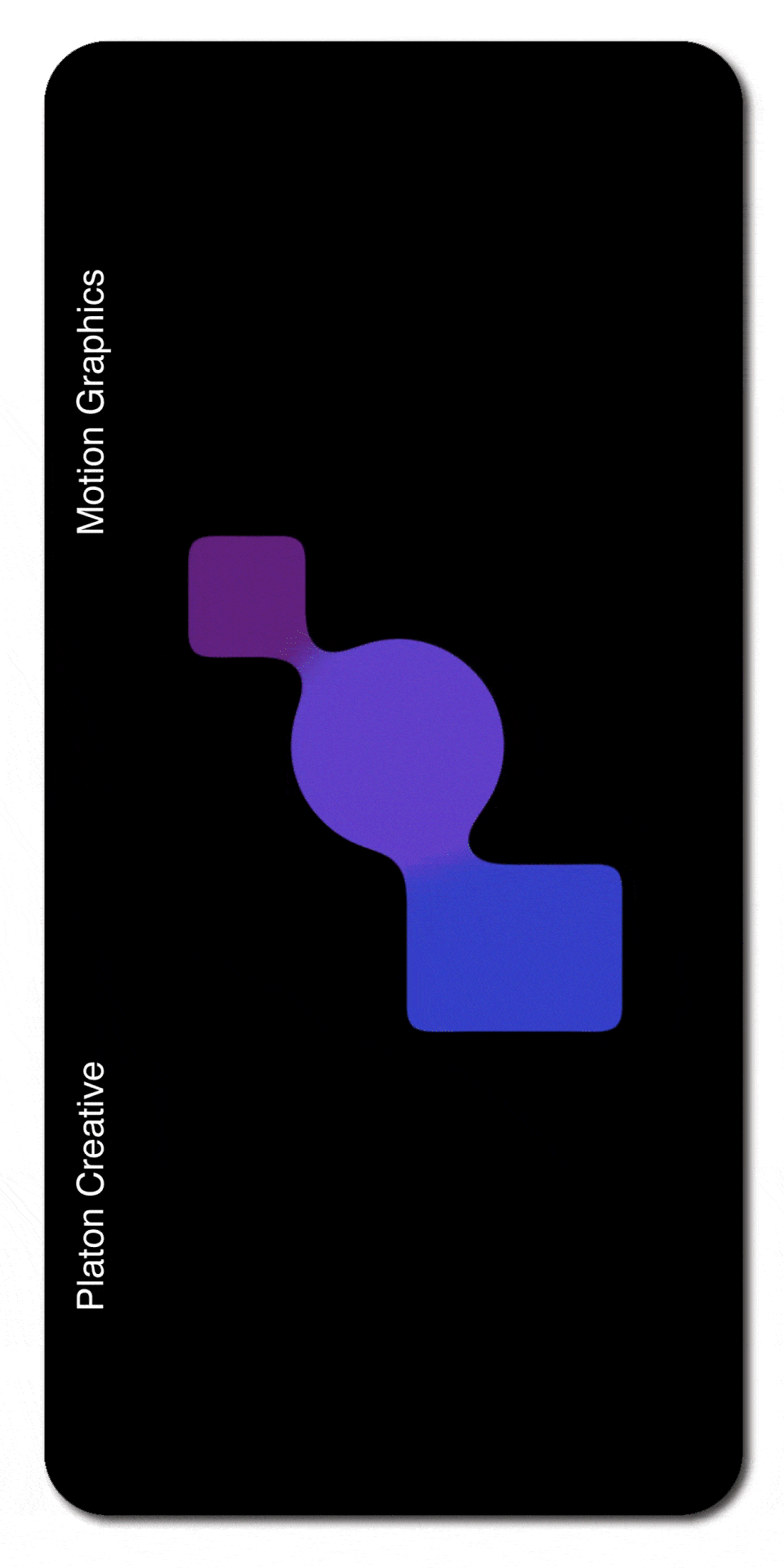 Abstract purple and blue shape on black background, text on left "Motion Graphics" and "Platon Creative".