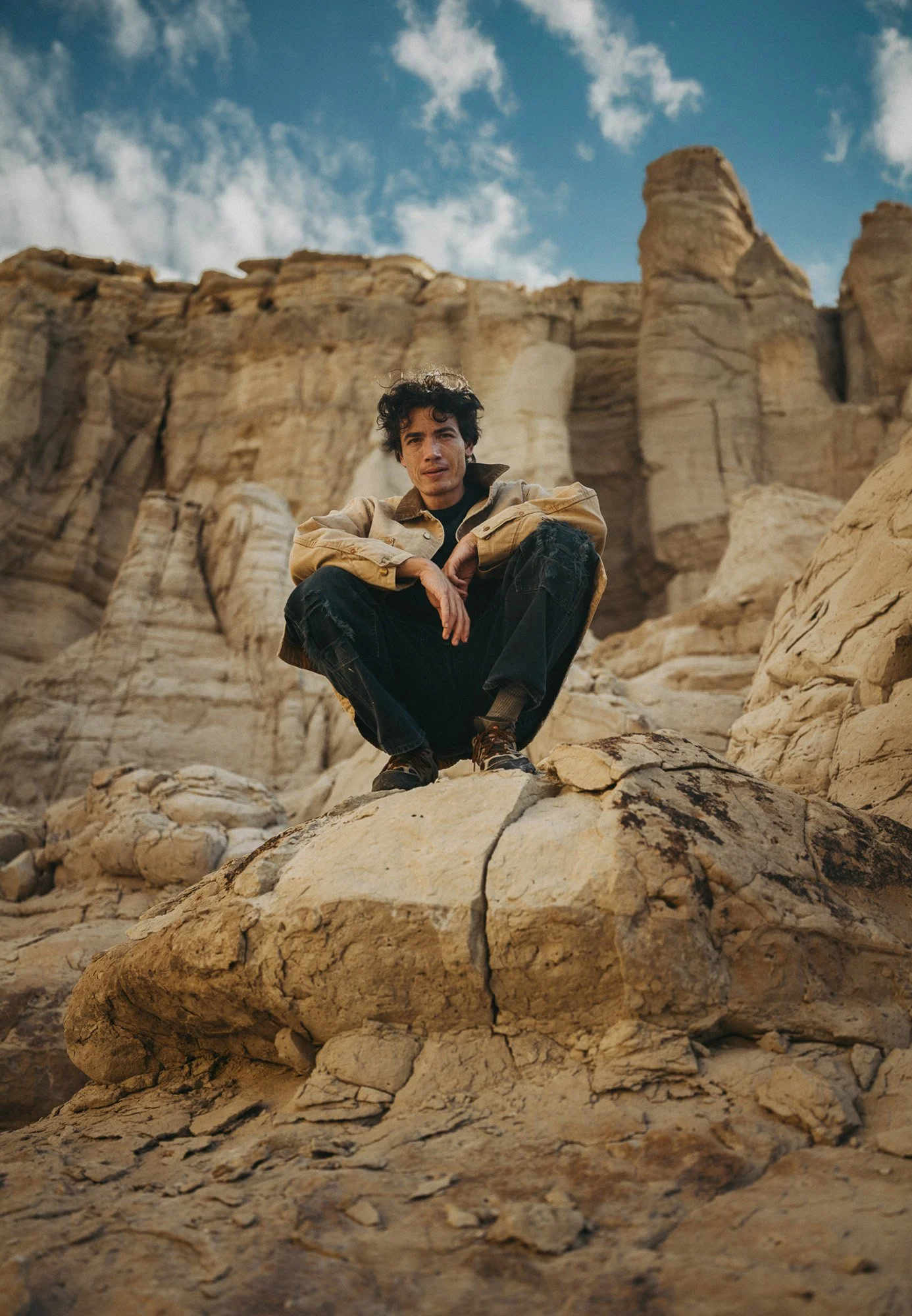 Editorial location photography by Scorpion Rose Studio and Lafayette American: Model in Wylie Welling jacket at Red Rock Canyon, showing cinematic art direction and brand storytelling.