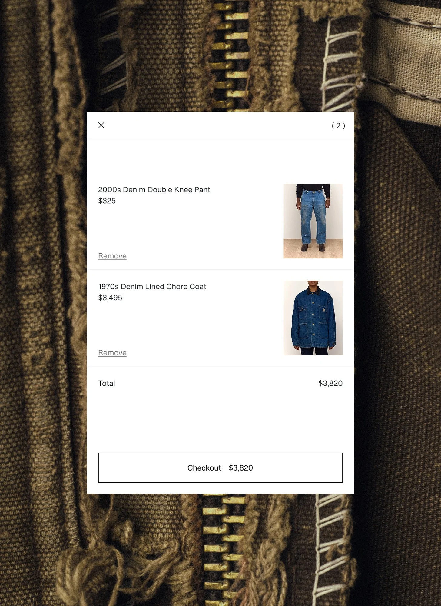 Digital shopping cart UX design for Scorpion Rose Studio and Lafayette American, featuring vintage denim curated products and minimalist e-commerce interface for Wylie Welling.