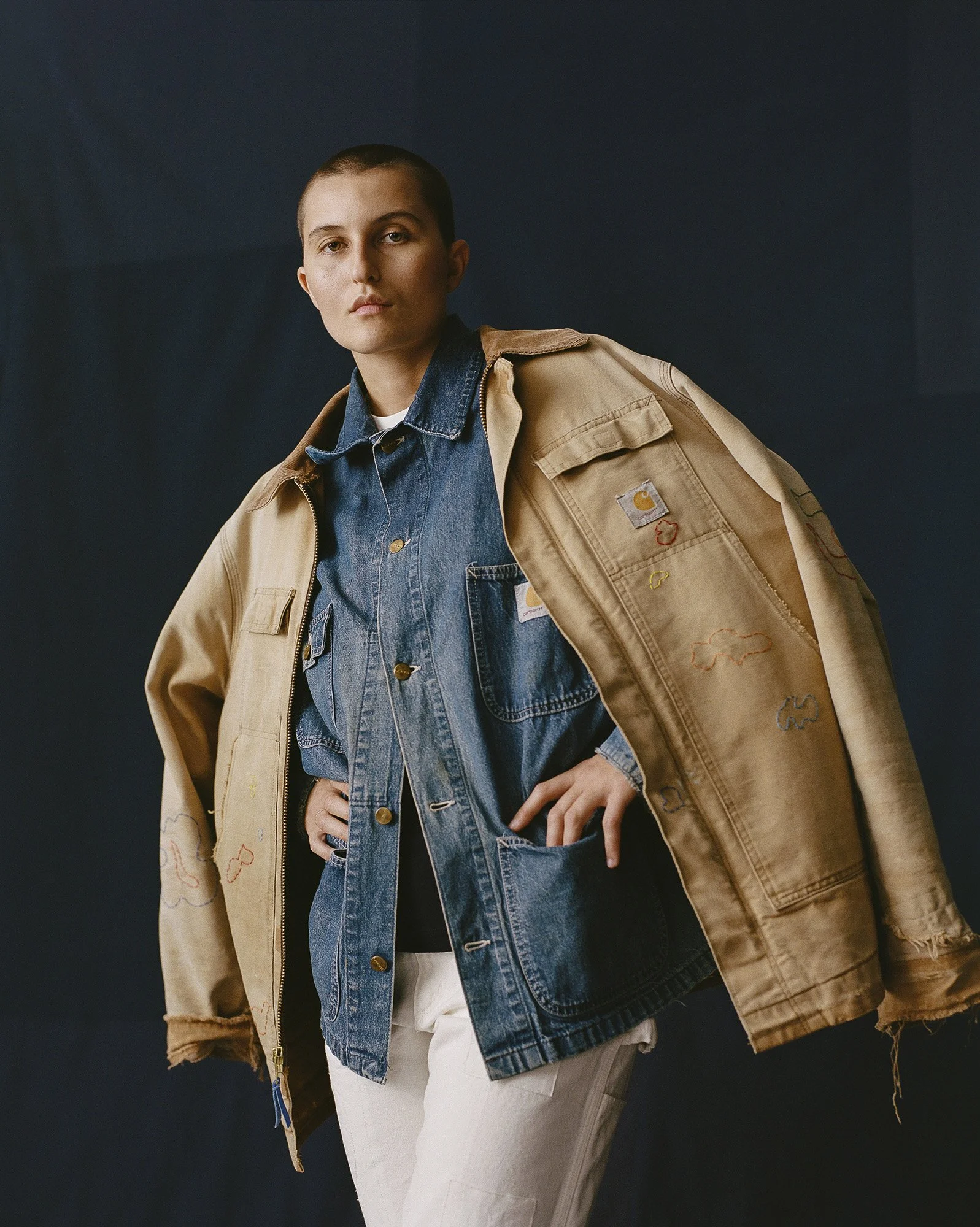 Fashion editorial by Scorpion Rose Studio & Lafayette American: Model in layered Wylie Welling workwear with custom embroidery, showcasing creative direction and apparel branding.