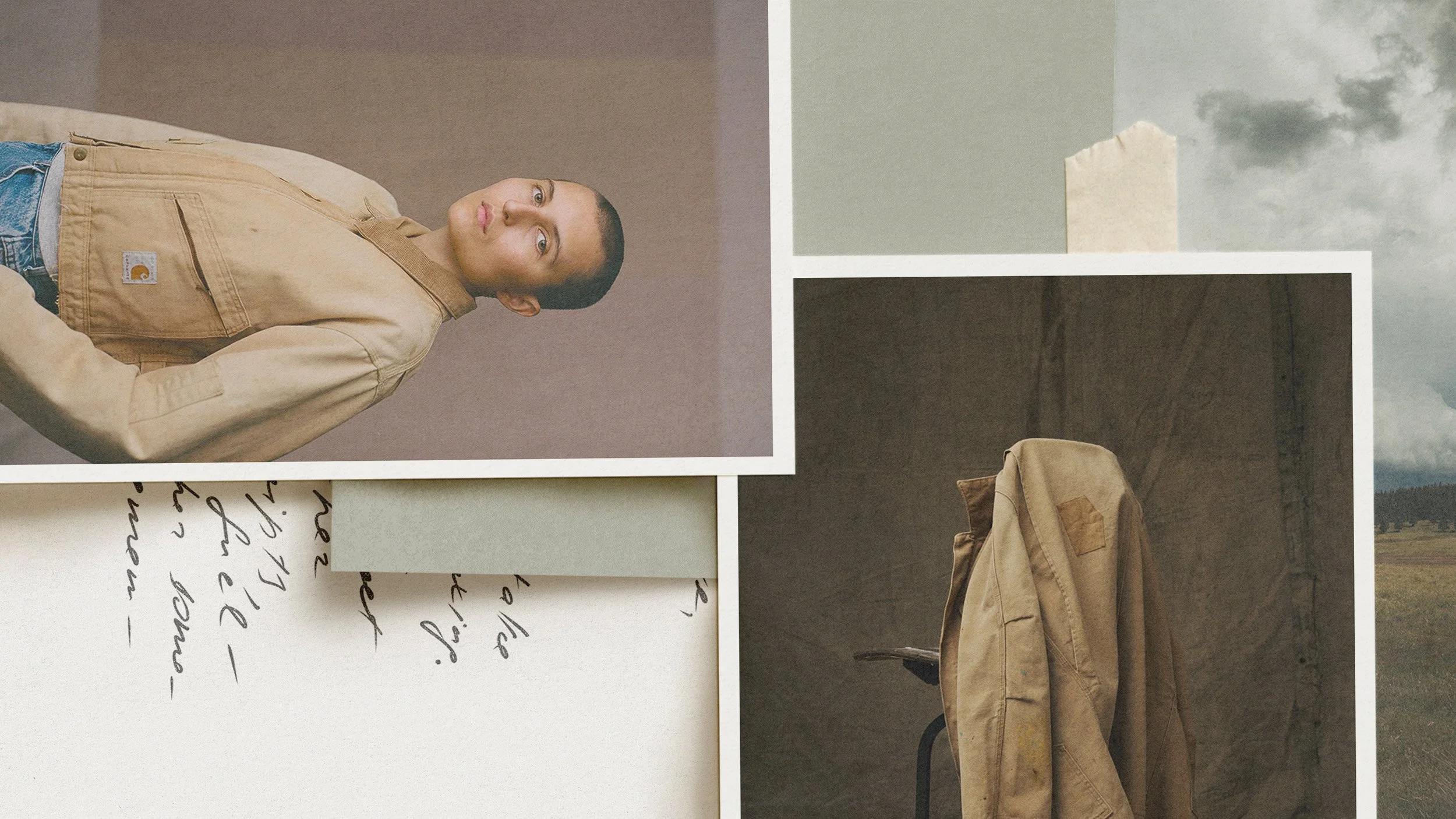 Creative mood board by Scorpion Rose Studio and Lafayette American featuring editorial photography, handwritten notes, and workwear textures for brand identity inspiration.