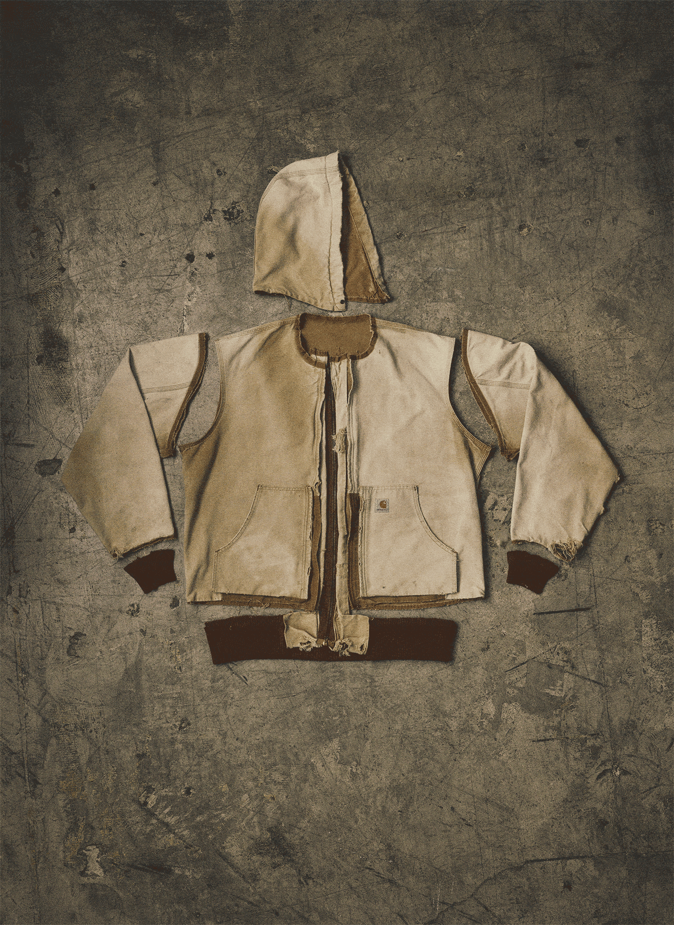 Deconstructed workwear flat lay animation for Scorpion Rose Studio & Lafayette American. Explosive view of a vintage tan jacket highlighting pattern design and apparel engineering.