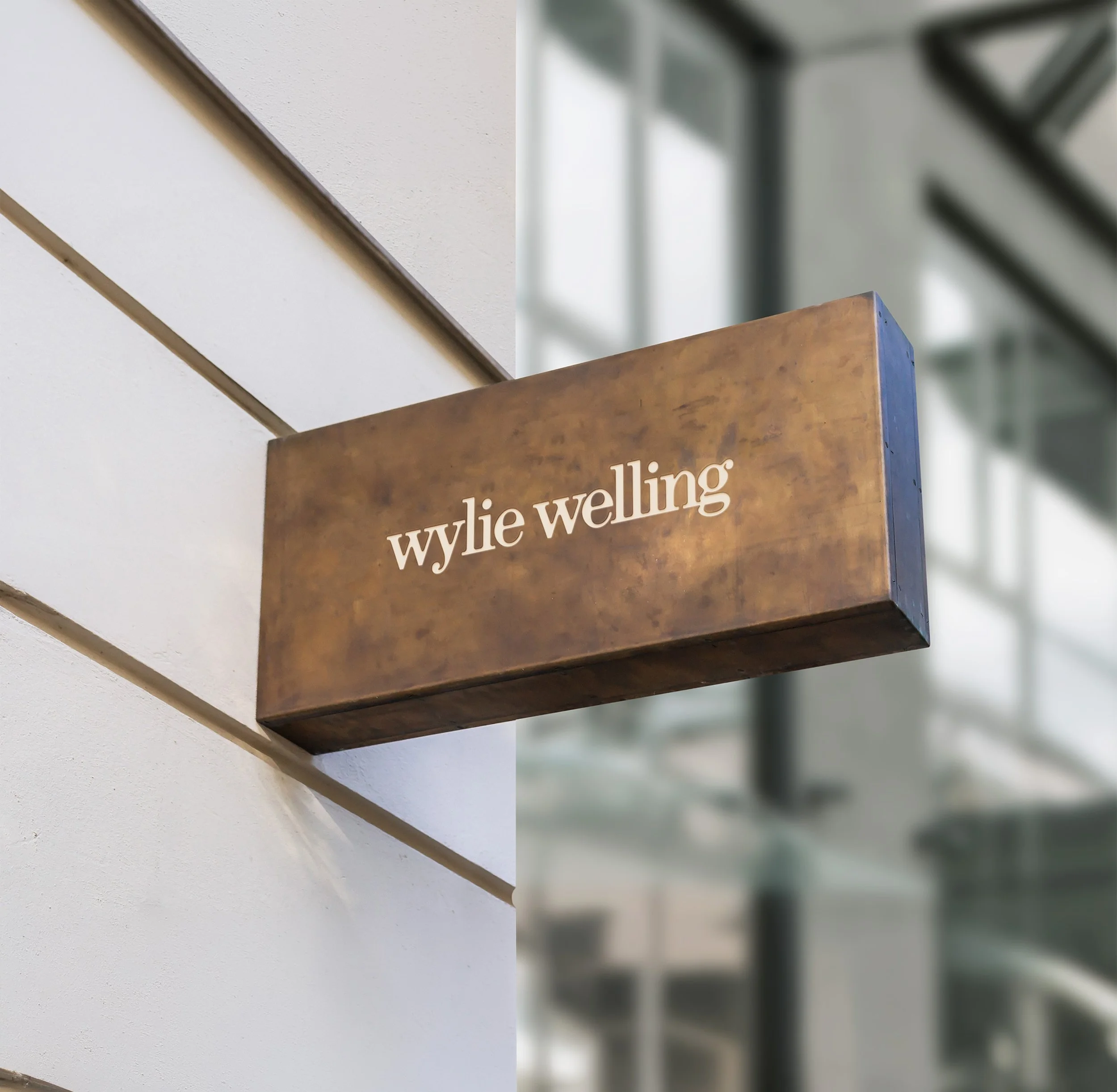 Wylie Welling exterior signage in aged brass, designed by Scorpion Rose Studio and Lafayette American. Premium physical branding and architectural logo application.