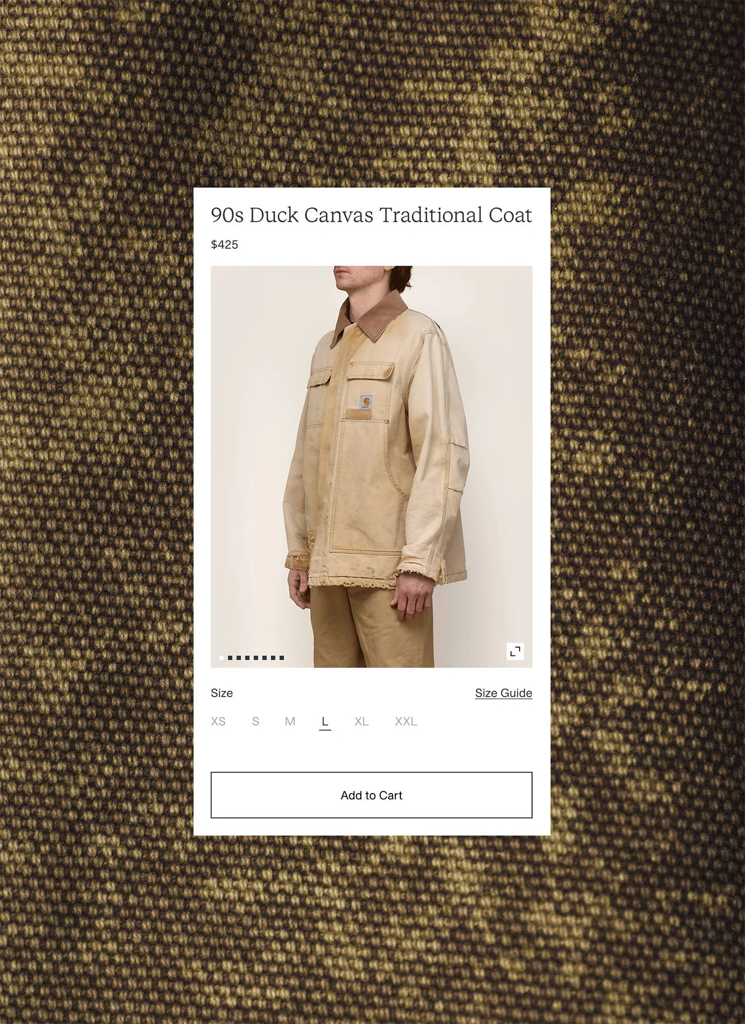 E-commerce interface design by Scorpion Rose Studio and Lafayette American: Product page for a 90s Duck Canvas coat, highlighting UX/UI design for heritage fashion brands.