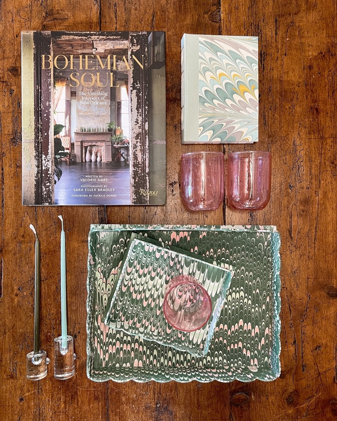 Spoil your bohemian friend with gifts as colorful as her personality! We love these whimsical scalloped edge trays and  pink drinking glasses. The &quot;Bohemian Soul&quot; Coffee Table Book inspires wanderlust, and vintage glass candlestick holders 