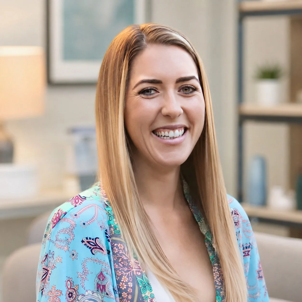 A smiling woman with long straight blonde hair, wearing a colorful patterned garment, sitting indoors in a well-lit room with shelves and a lamp in the background.