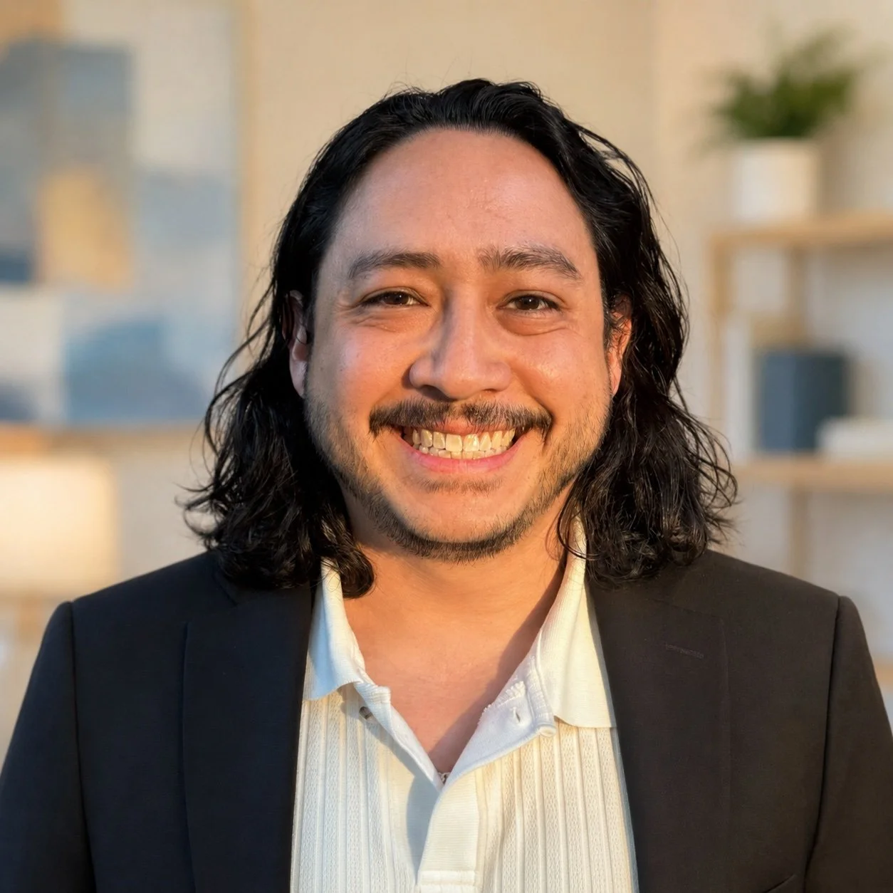 A man with long black hair, a mustache, and beard, smiling in a professional setting.