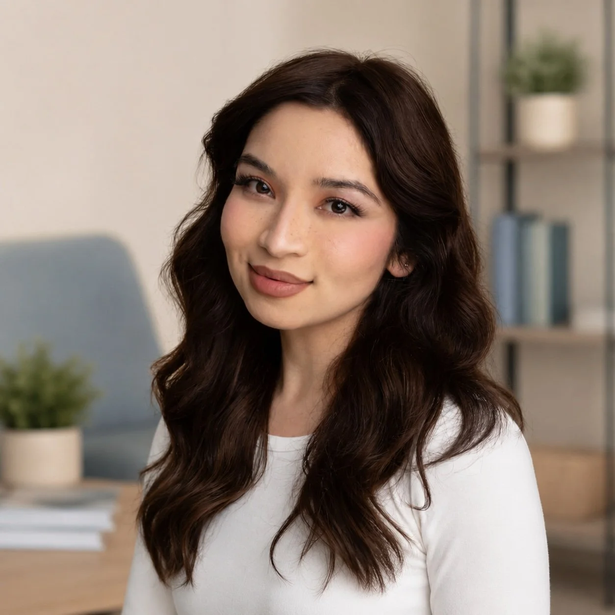 A young woman with long wavy brown hair, wearing a white top, smiling softly at the camera in a home or office setting with bookshelf and plants in the background.