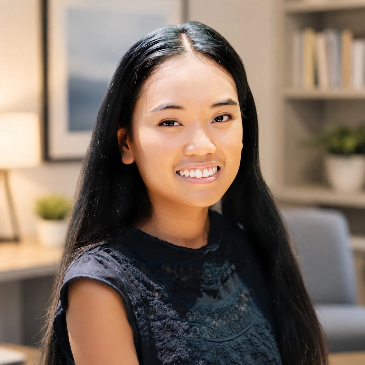 A young woman with long black hair smiling at the camera in a cozy indoor setting with books and a plant in the background.