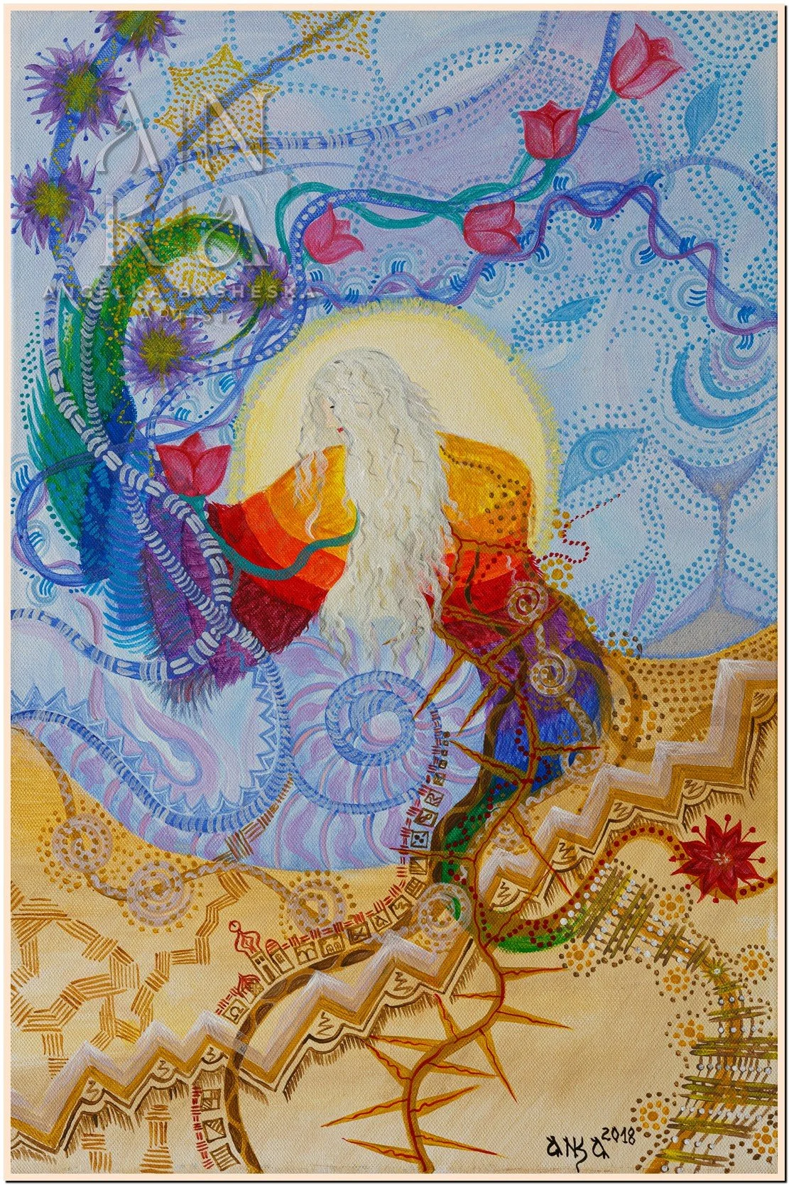 power of woman, desert, DNA, rainbow, flowers, divine love, old woman, long hair
