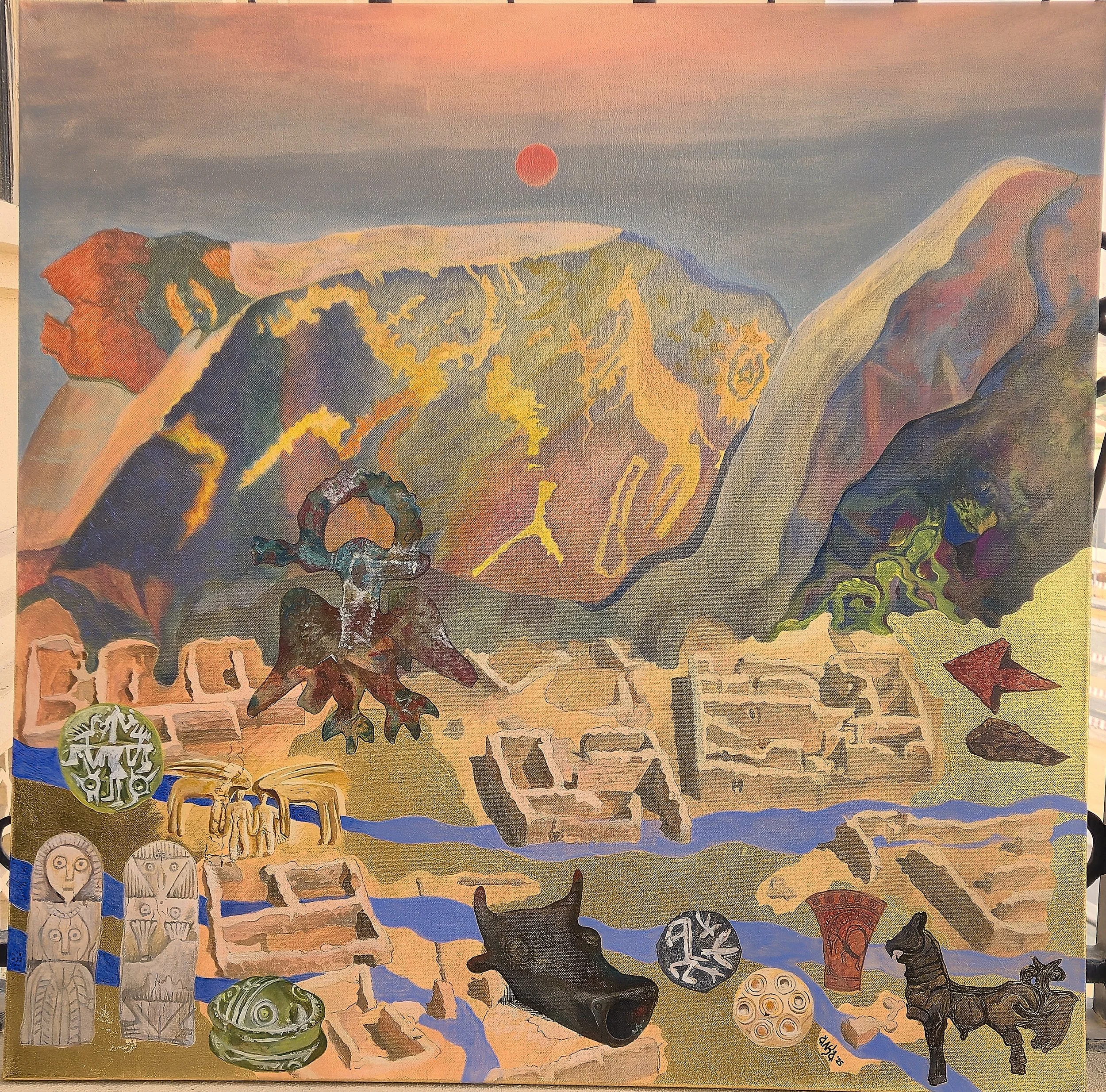 angelka basheska/ neolithic/ uae/ nbf competition/ artifacts/  gold/landscape/ mountains, a river, and ancient artifacts, including carvings, sculptures, and a tree with a face, set against a pinkish sky with a setting sun.