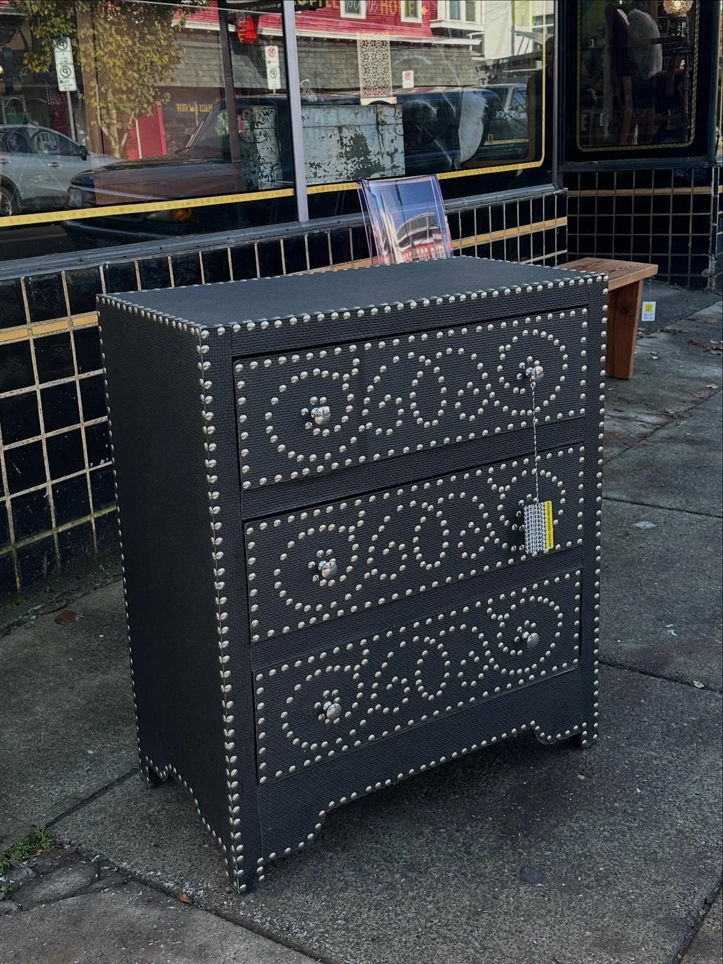 Just in!! Black Silver Nail Head Three Drawer Dresser / YZ8FHH / $175
Measurements 
27”W x 14.5”D x 32”H
Condition: normal signs of use / great condition
Please call or come into Artifact Creative Recycle to purchase. We’re
