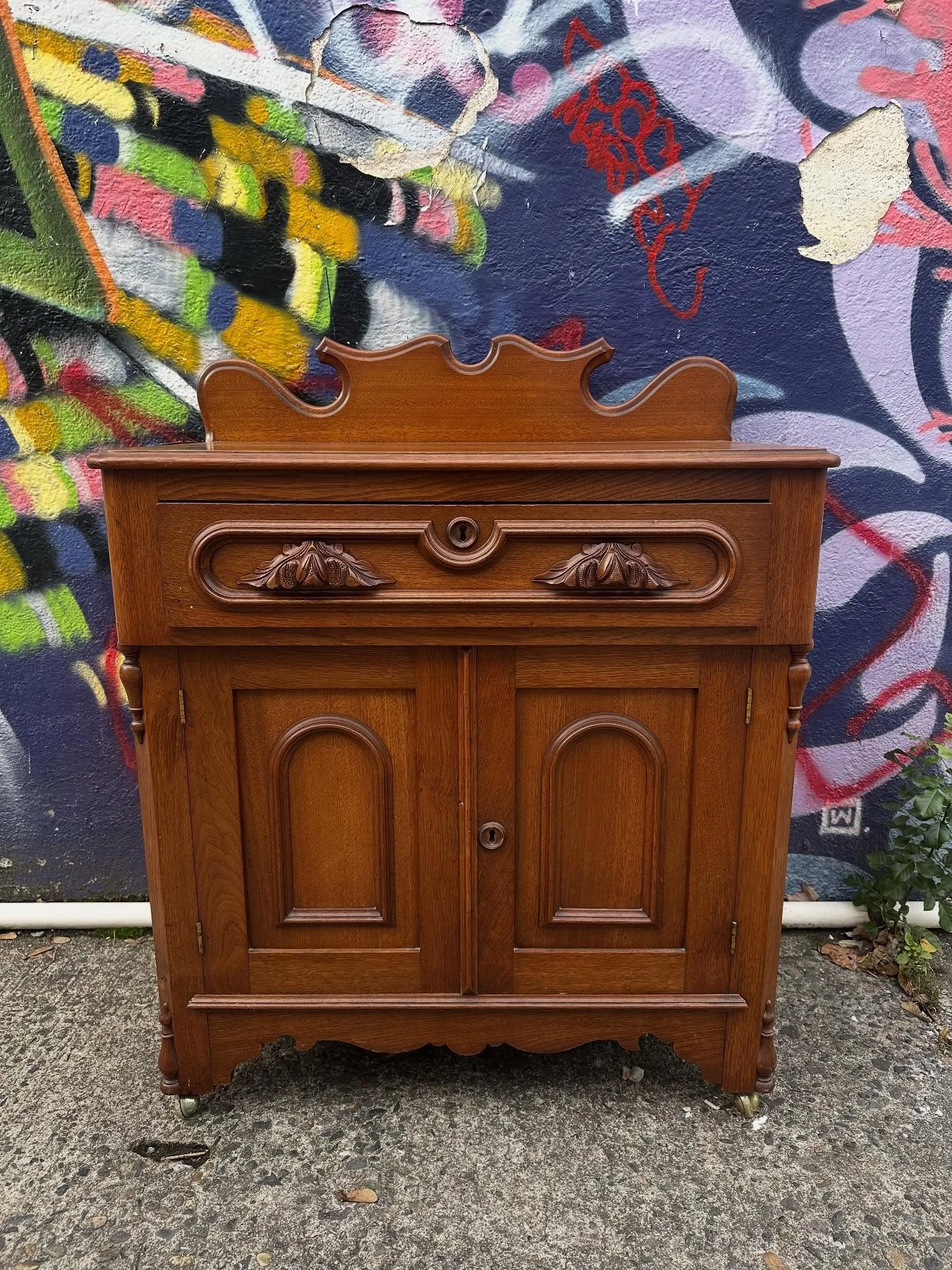 Gorgeous solid wood small dresser cabinet. One drawer and shelves underneath. Comes with key. $245
31” wide
18” deep 
32” tall 
Although we don’t hold items over social media, you can call to purchase it or come view it in p