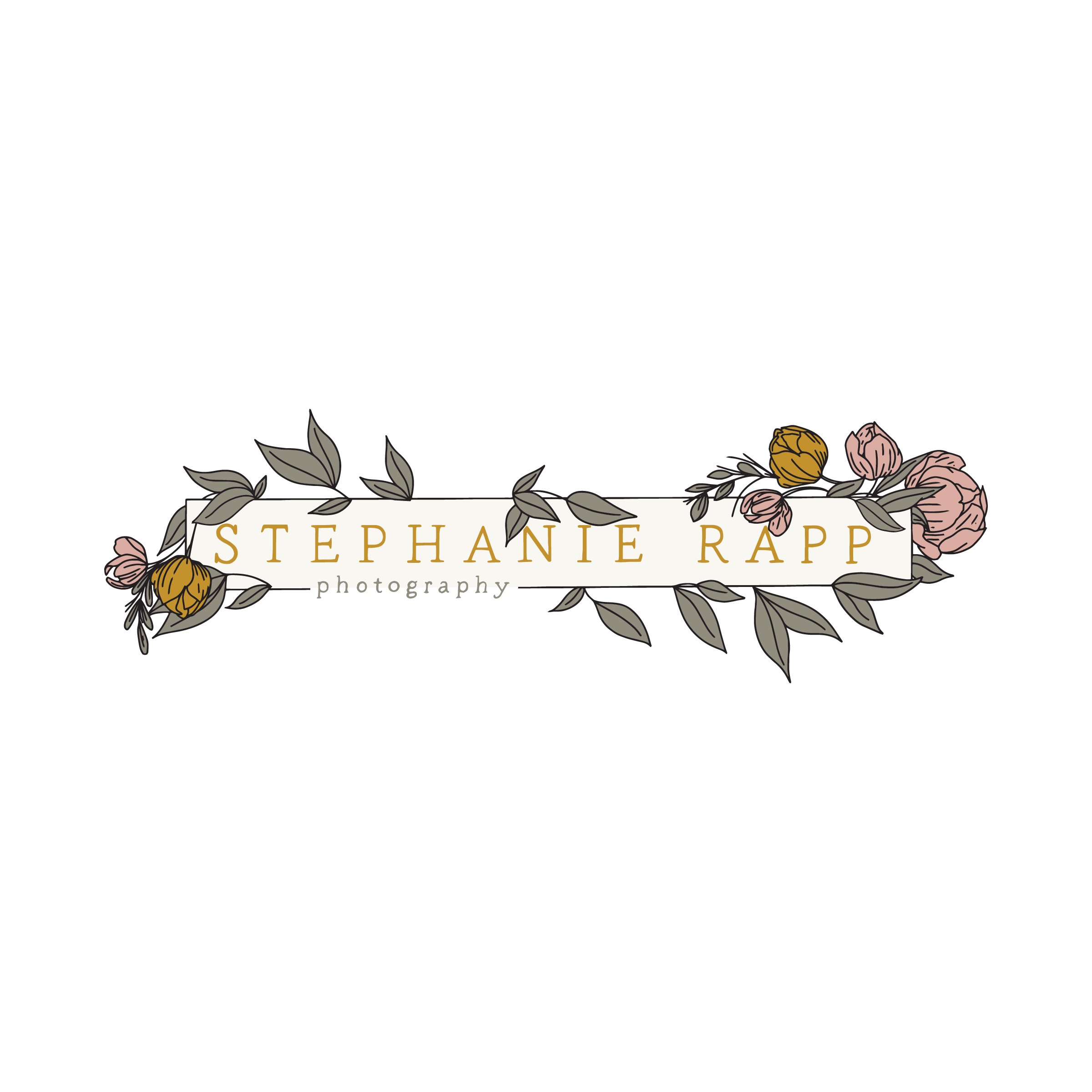 Logo for Stephanie Rapp Photography featuring a white banner with golden text, surrounded by pink and brown flowers, and gray leaves.