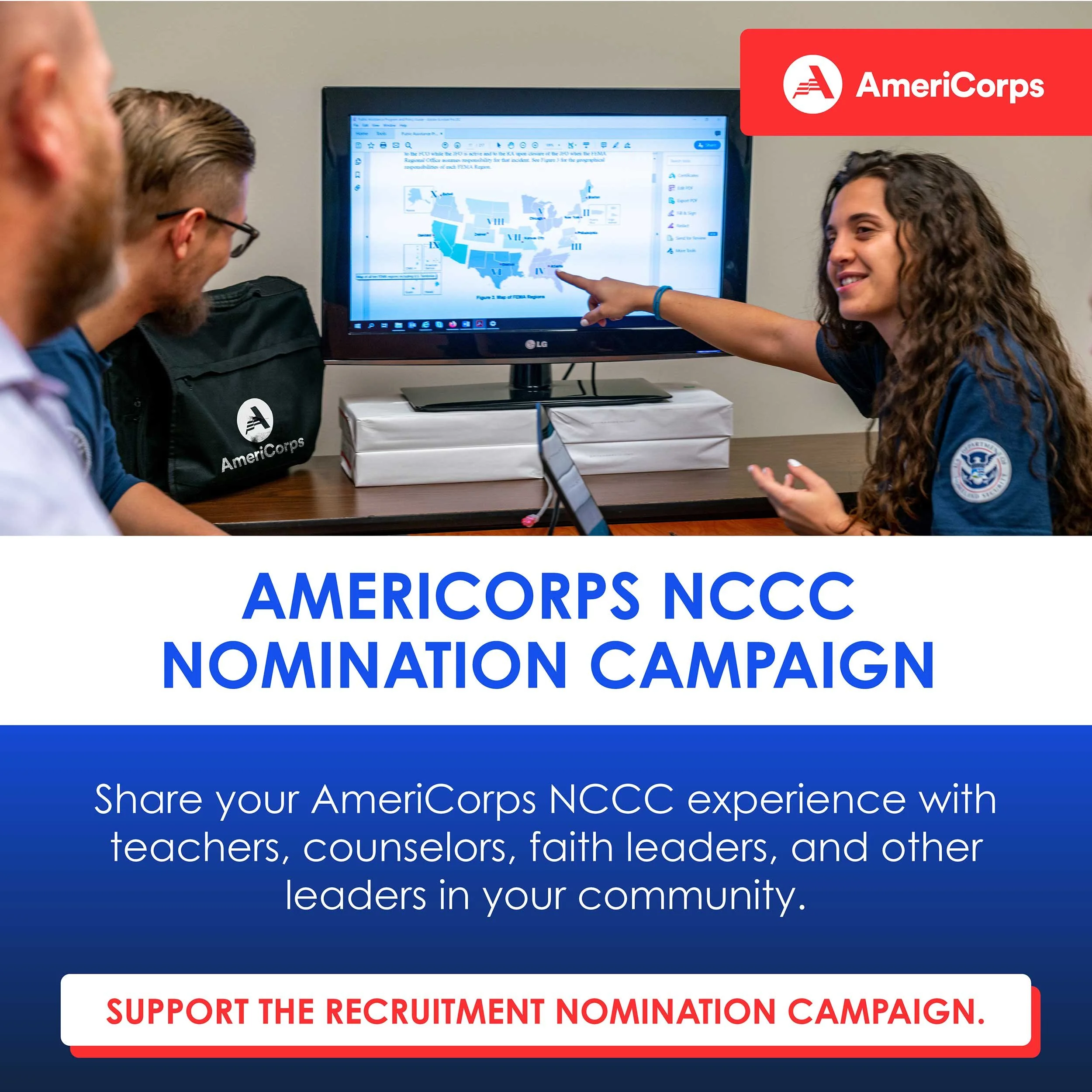 Social media ad for AmeriCorps NCCC, using blue, red and white with a photo of AmeriCorps NCCC Alumni people. Bright, eye-catching, social media ads.