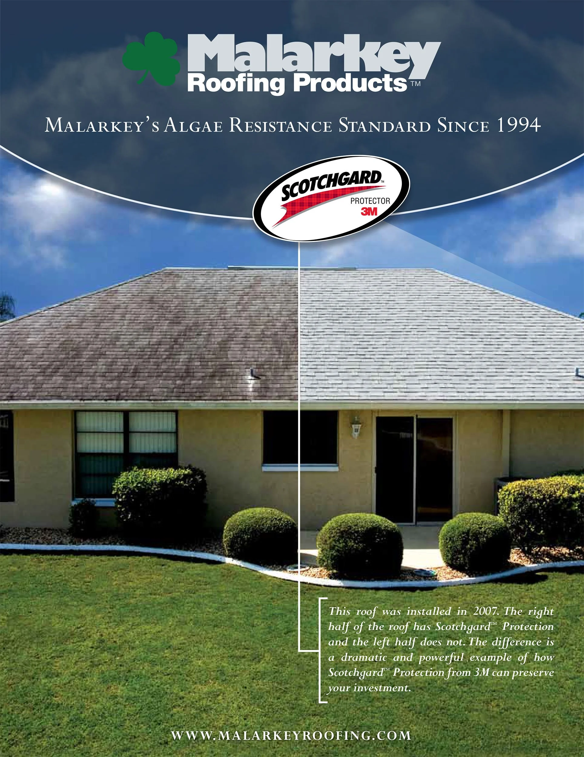 Full color brochure design for roofing products with large photographs.