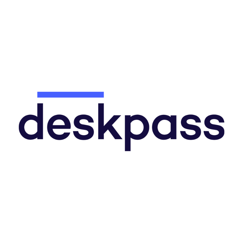 Deskpass logo with stylized text and blue underline.