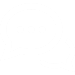 White chat bubbles with dots icon on black background.