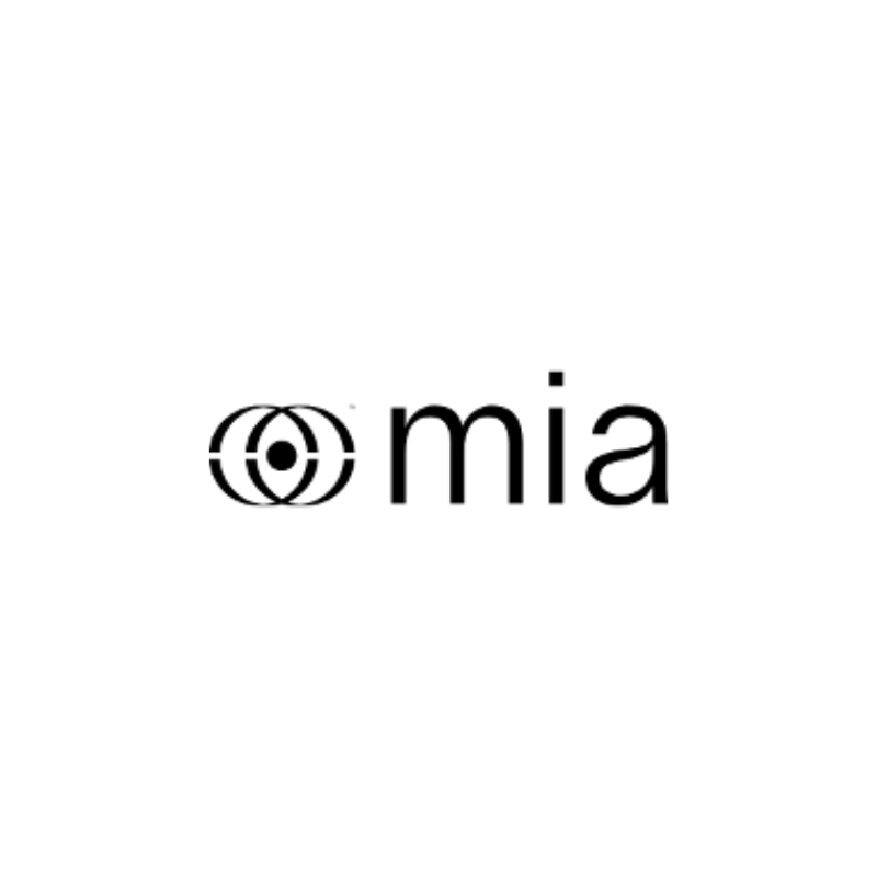 Minimalist logo with a black eye design followed by the lowercase text "mia" on a white background.