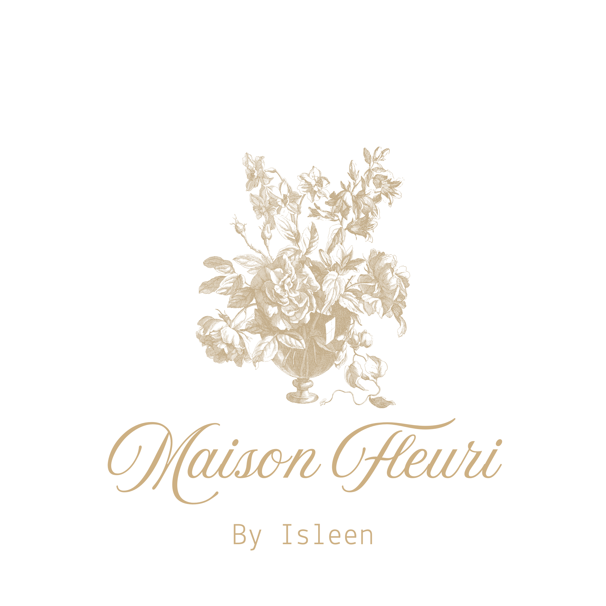 A vintage-style logo featuring a beige floral illustration in a vase above the text 'Maison Fleurí' with smaller text 'By Isleen' underneath, set against a black background.