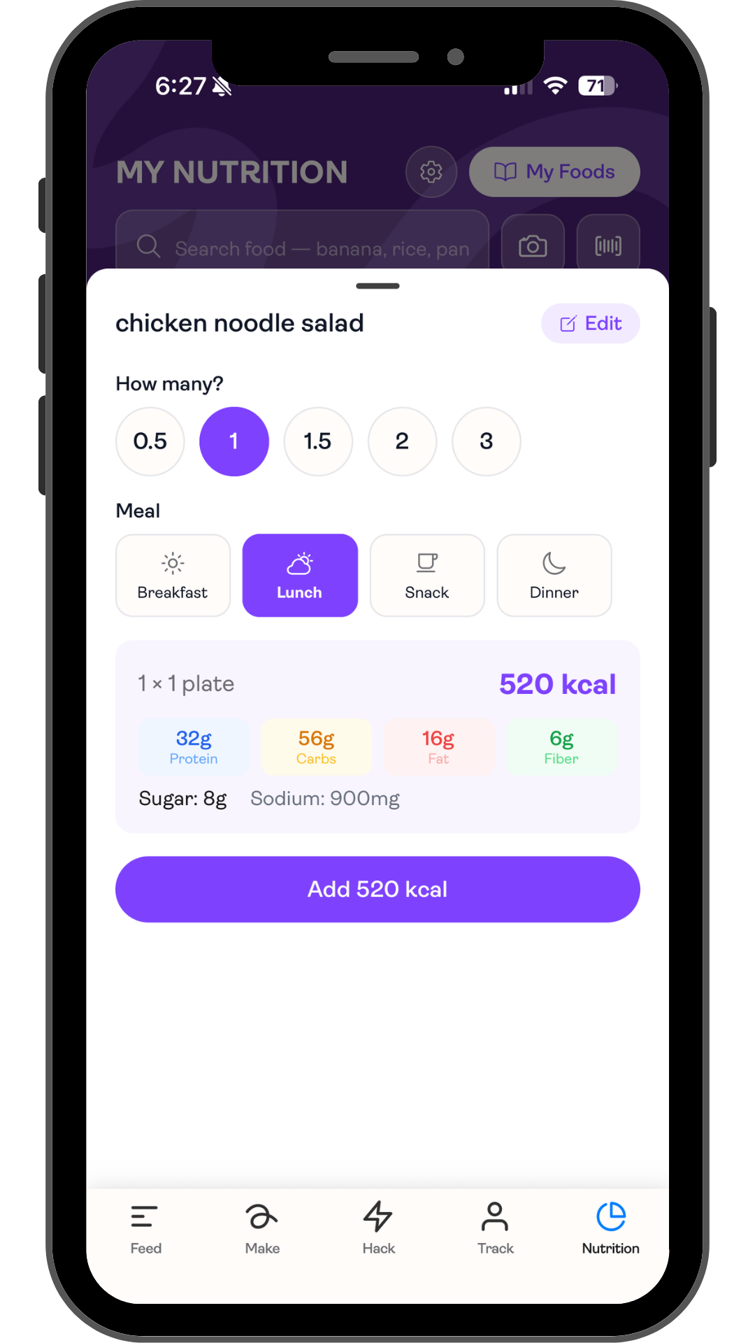 Saveful My Nutrition Chicken noodle salad stats image