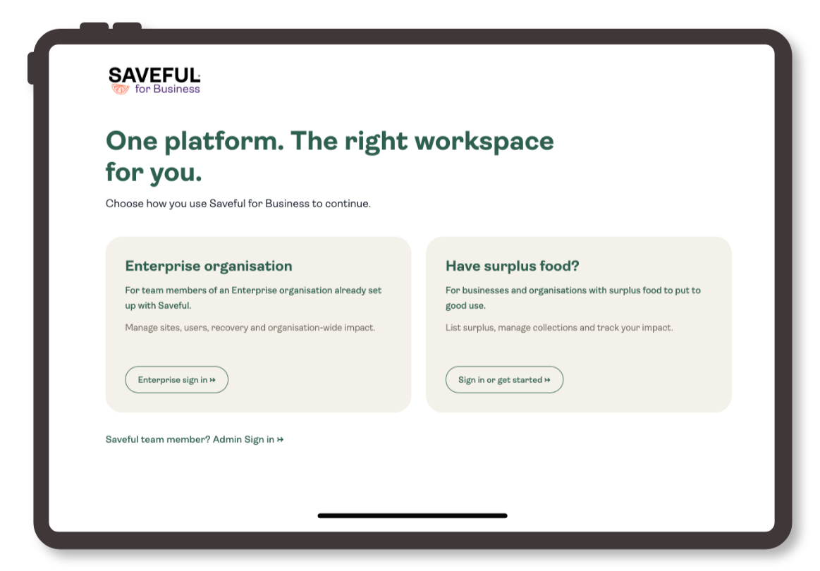 Saveful for Business landing page home screen