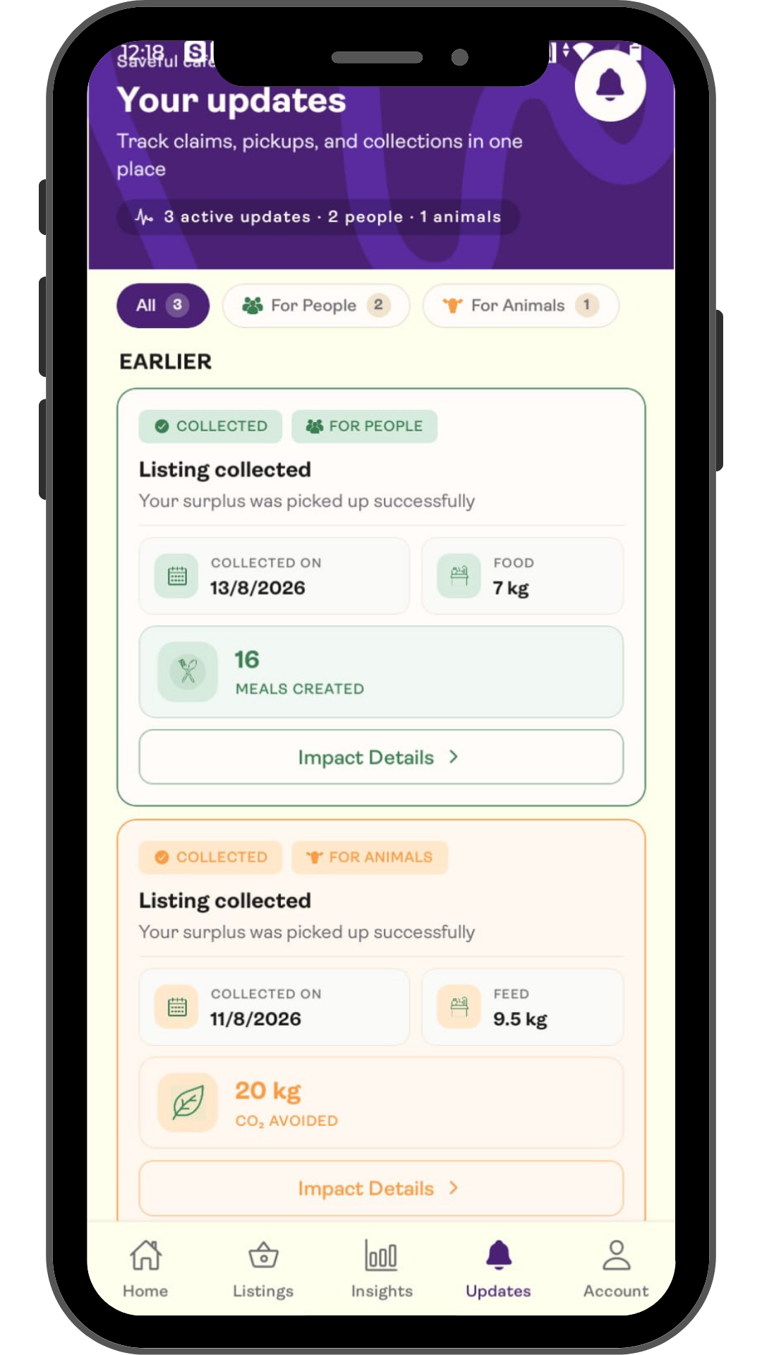 Saveful for Business Your Updates screen