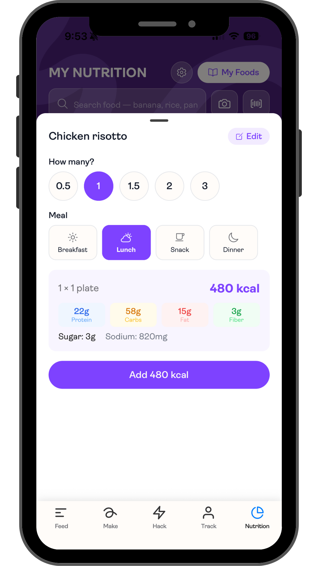 Saveful My Nutrition Chicken risotto stats screen image
