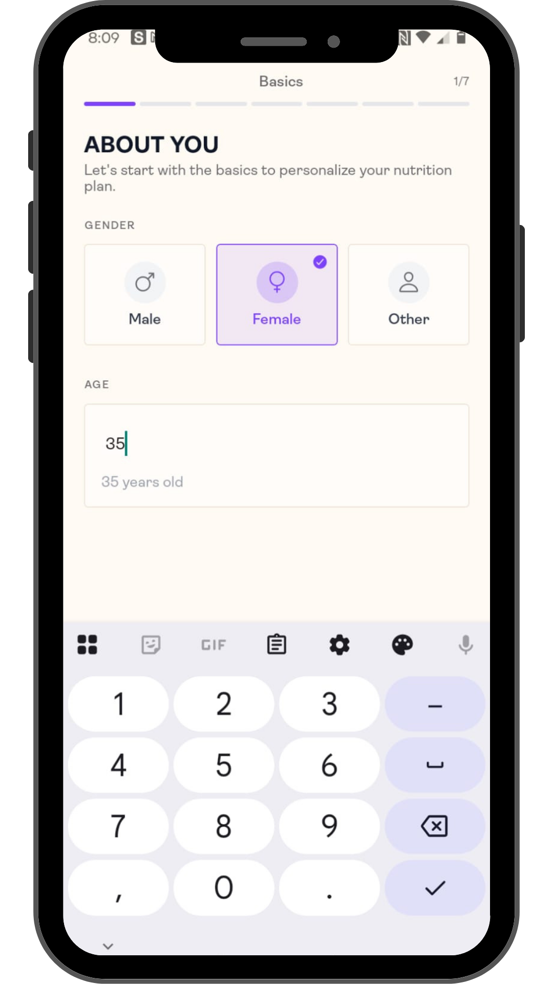 Saveful Nutrition Set up screen image
