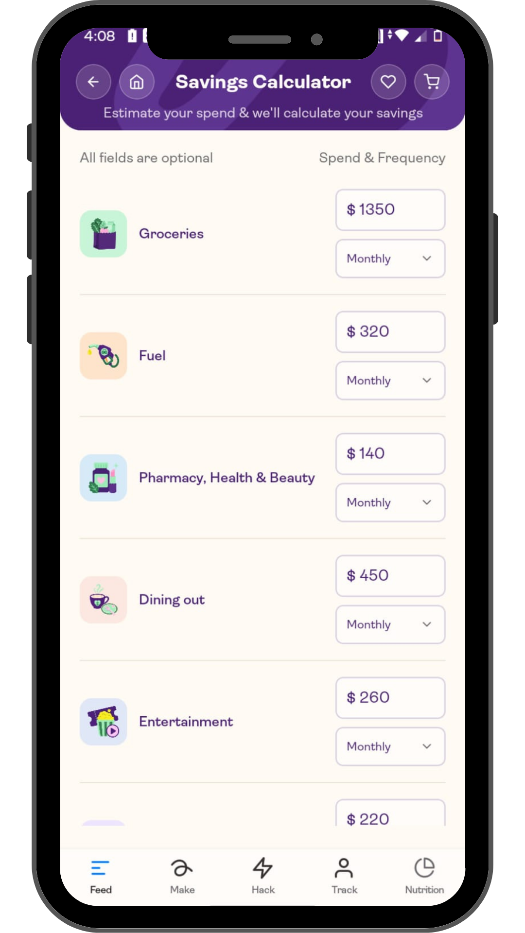 Saveful My Perks savings calculator phone screen