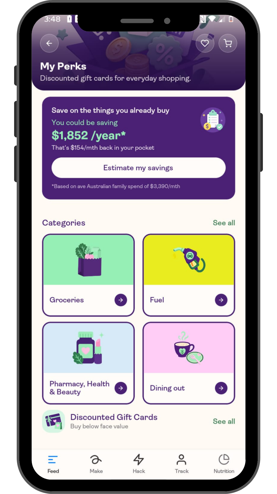 Saveful My Perks categories phone screen
