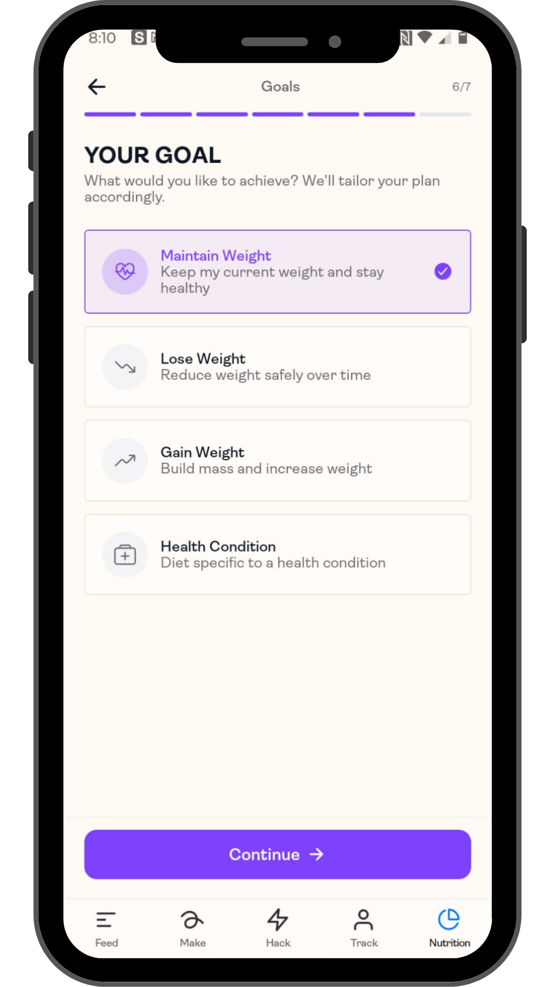 Saveful Nutrition Set up screen image