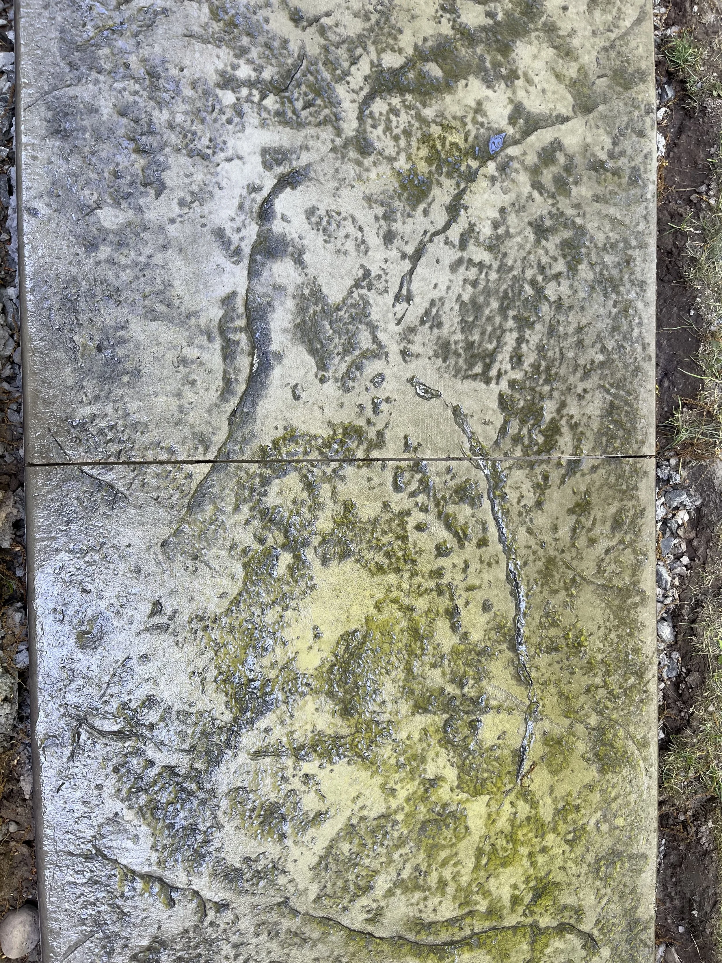 Close-up of a slate textured grey stamped sidewalk