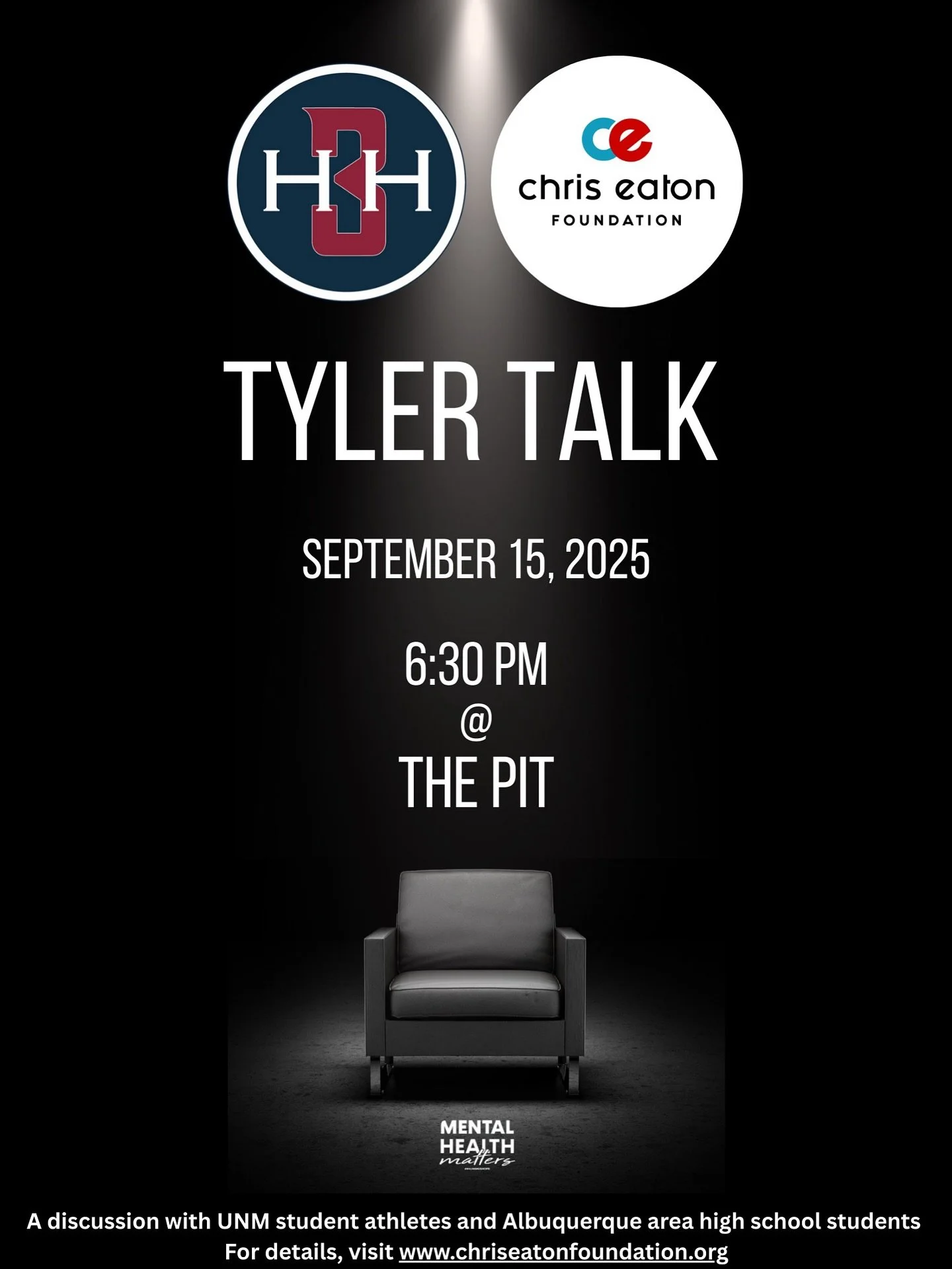 ***TIME CHANGE*** to 6:30 PM

It&rsquo;s time to talk about what matters. 🏀⚾️⚽️

On September 15th at 6:30pm, The Pit is opening its doors for a powerful night of hope, healing, and honest conversation around mental health in sports.

High school at