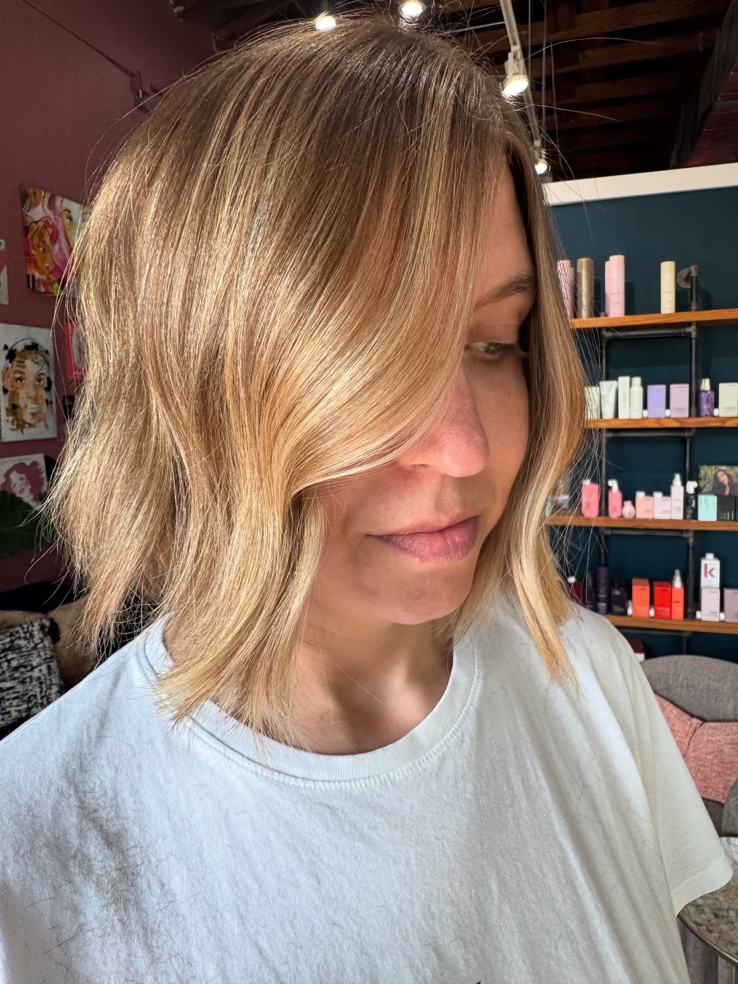Get a haircut. Its Summer. This is a custom partial and razor cut bob. Kept it golden, bright and intentionally textured ends. 

This was a quick blow spray for speed and KM Bedroom hair for finish to protect against humidity. 

#bob #goldenhighlight