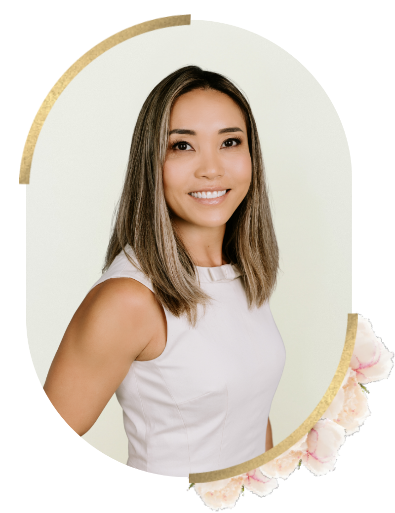 A young woman with straight, shoulder-length brown hair smiling while looking at the camera. She is wearing a sleeveless white top and is posed against a light green background with a decorative border.