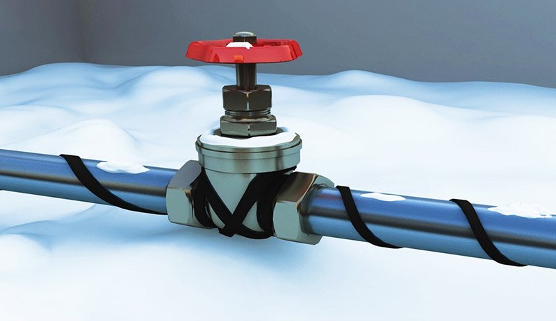 ELEKTRA SelfTec self-regulating anti-frost heating cable installed on water pipe valve for freeze protection