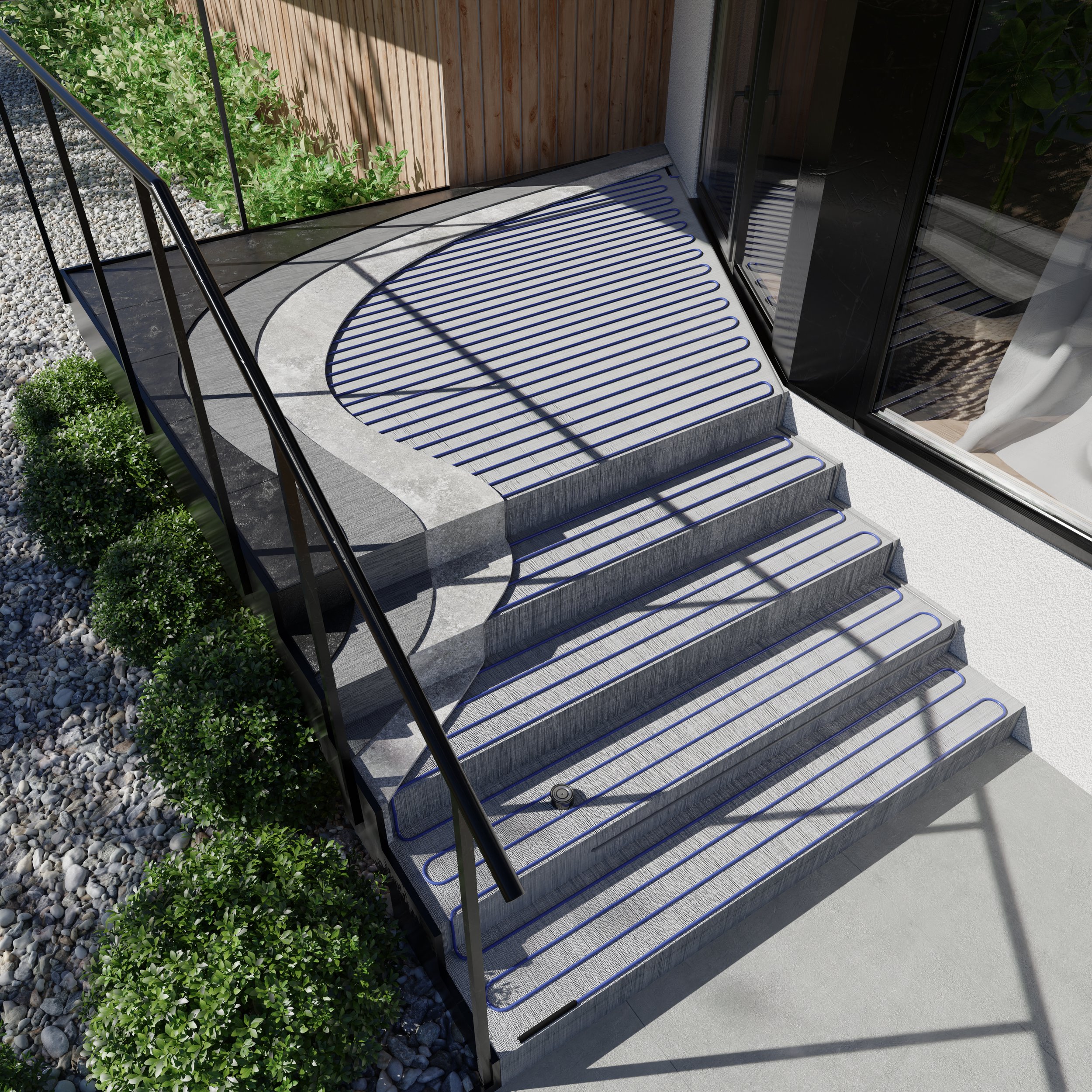 ELEKTRA VCD35 in-slab heating cables installed on outdoor steps showcasing premium floor heating products by P.A.P. Heating Solutions