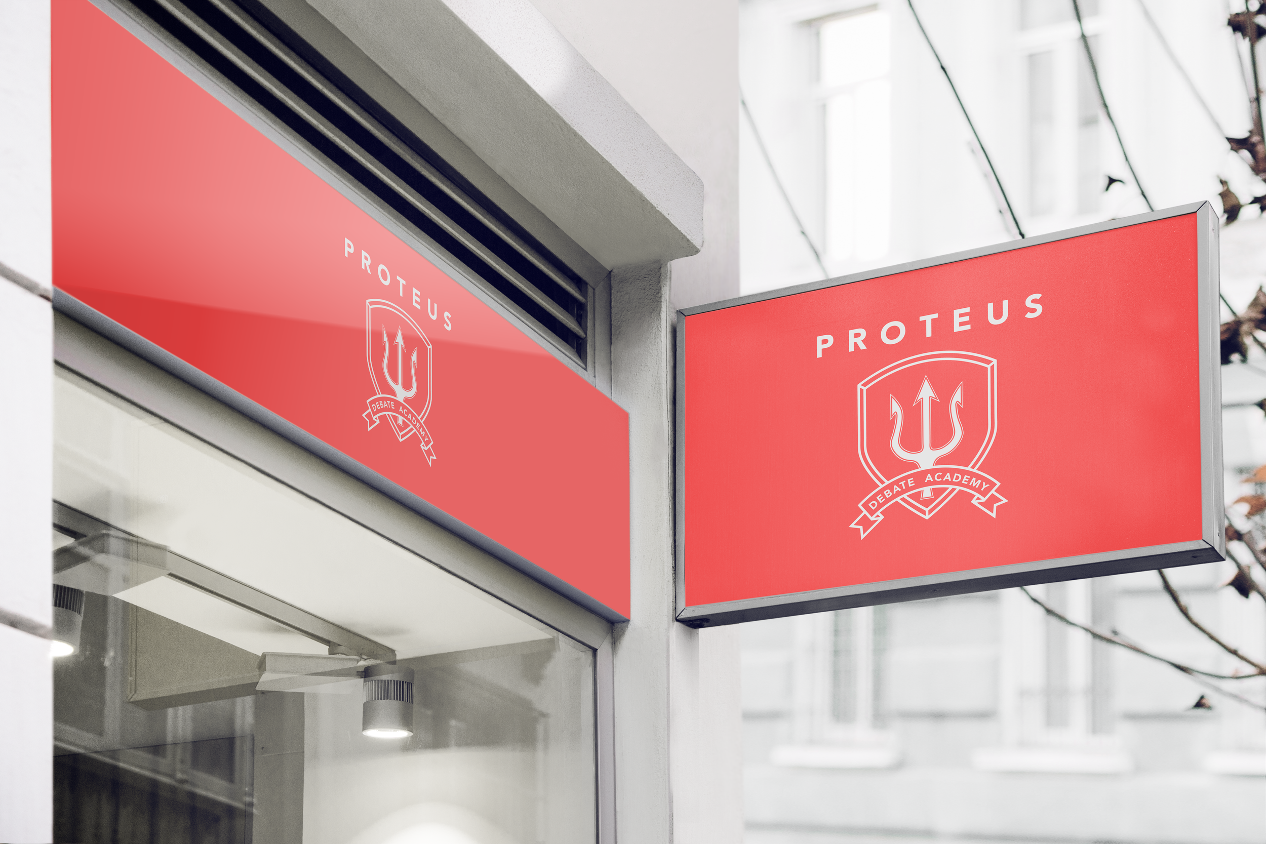 PROTEUS DEBATE ACADEMY:
The newest storefront logo design for the previously online-based private debate academy, Proteus.