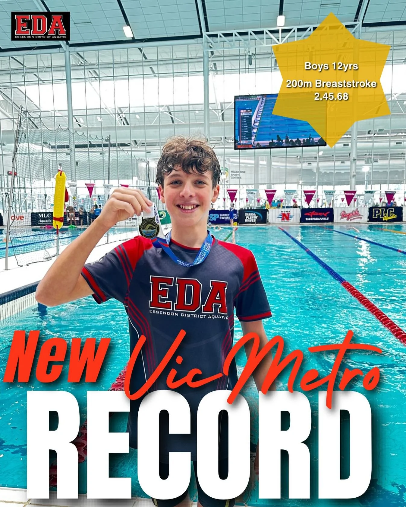 ❗️VICTORIAN METROPOLITAN RECORD❗️
•
Congratulations to Daniele who broke the Victorian Metro Short Course Record in the 200m Breaststroke. Smashing his PB by more than 6 seconds!
A fantastic reward for all your hard work!
Well done Daniele!