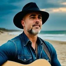 A man with a beard wearing a black hat and denim jacket standing on a beach with ocean waves and sky in the background.