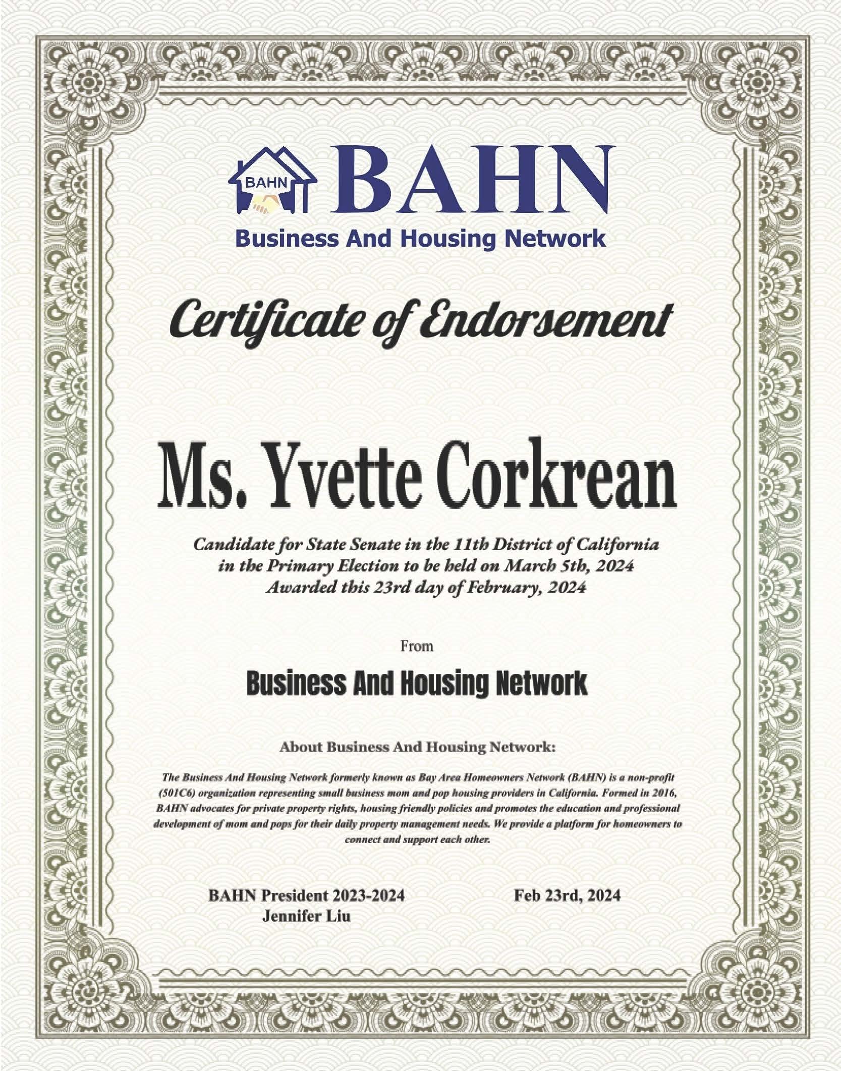 BAHN Endorsment for Yvette Corkrean.jpg