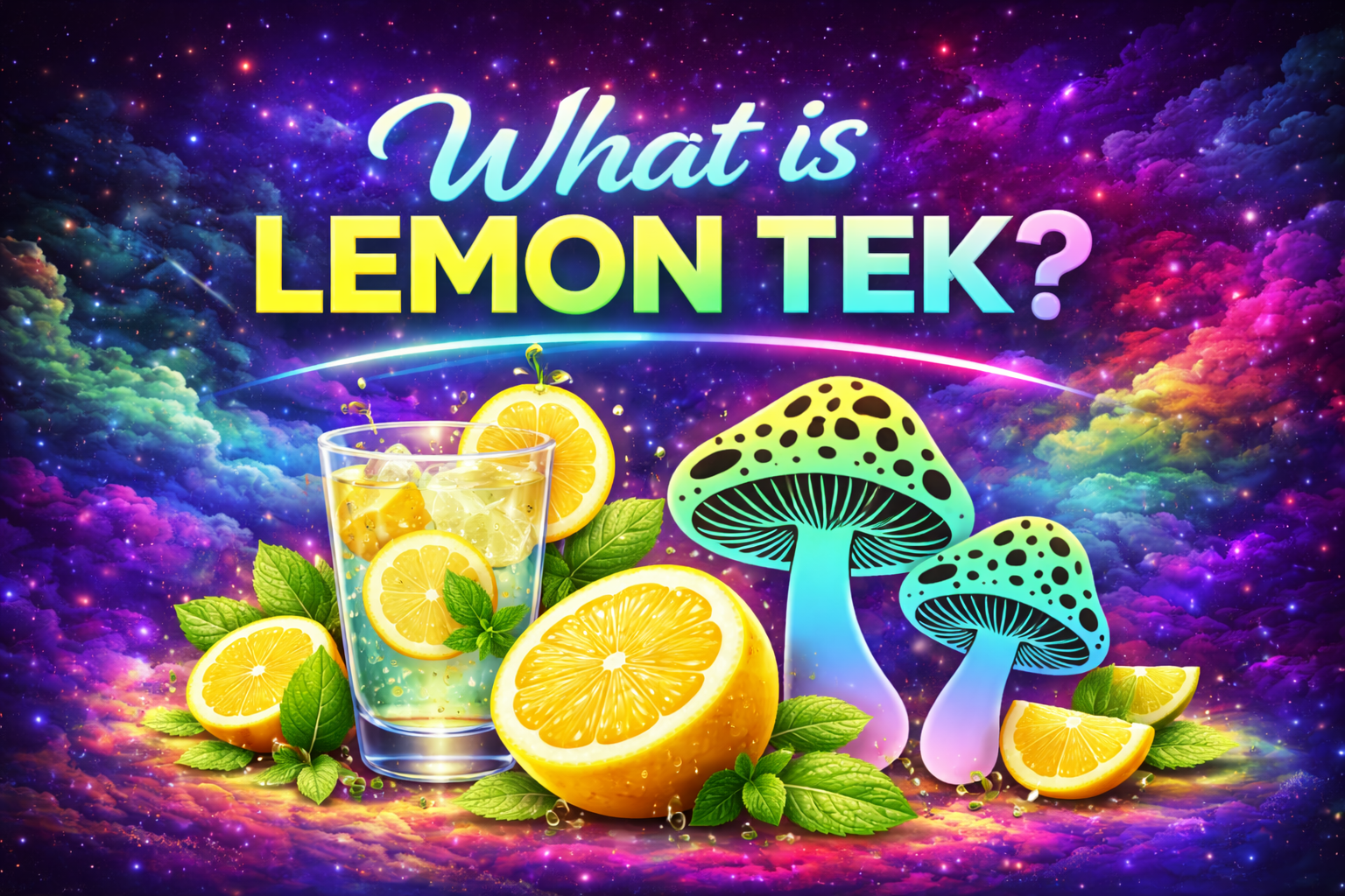 Colorful digital artwork with lemons, mint, a glass of lemon drink, psychedelic mushrooms, and the text 'What is Lemon Tek?' over a galaxy background.