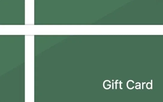 Green gift card with white text and stripes.