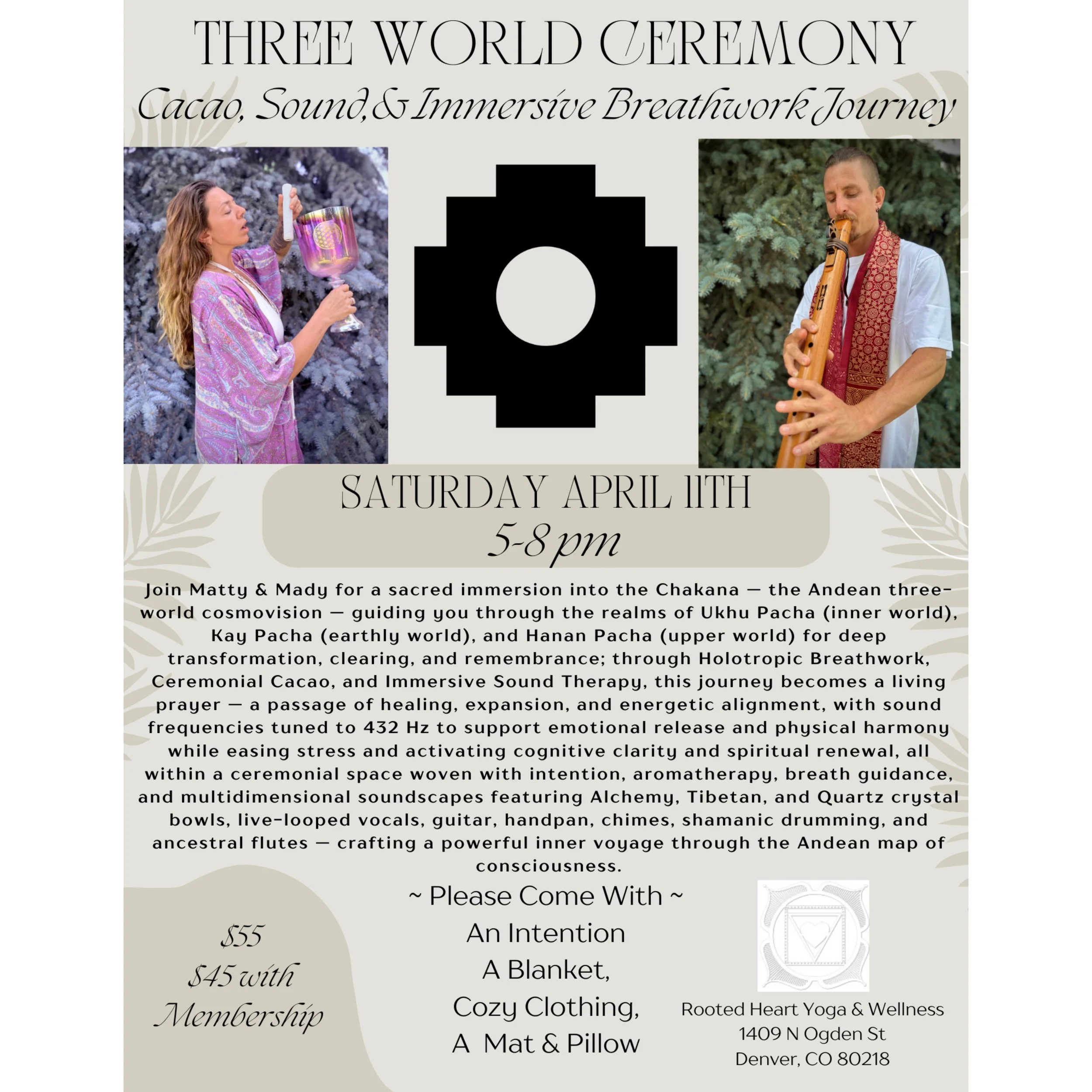 Three World Ceremony ~ Cacao, Breath, Immersive Sound ~ @ Rooted Heart Yoga, Denver, CO 