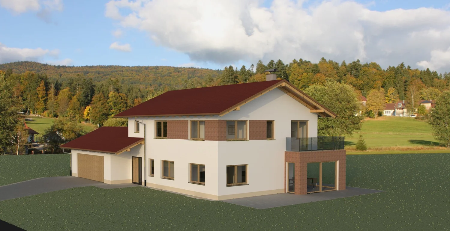 WBI-Visualisierung eines Einfamilienhauses mit Holzfassade, Balkon und Garage in grüner Umgebung