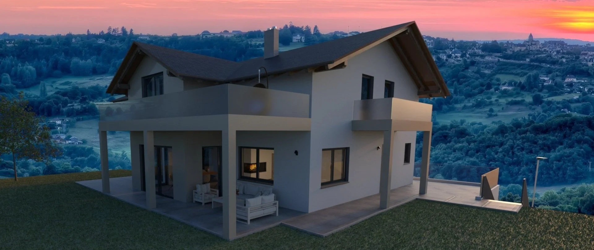 Visualisierung eines Einfamilienhauses mit großzügiger Terrasse in der Abendsonne