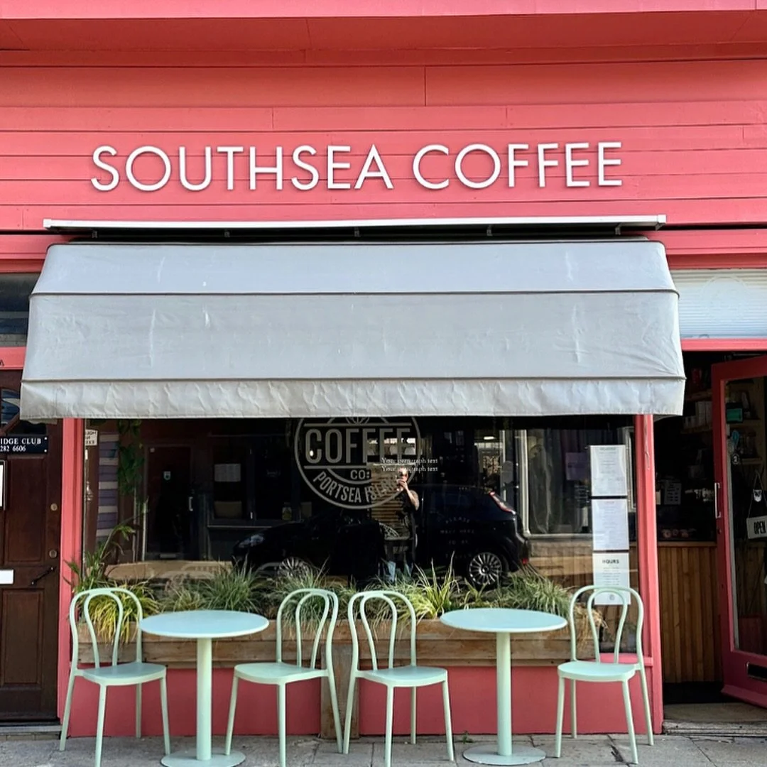 Southsea Coffee over the years 👉 from the very first hand drawn logo in our window (a hand cut stencil and windowlene) to the original grey, then green and now bright bold pink.

We can&rsquo;t quite believe that this little place is going to be a t