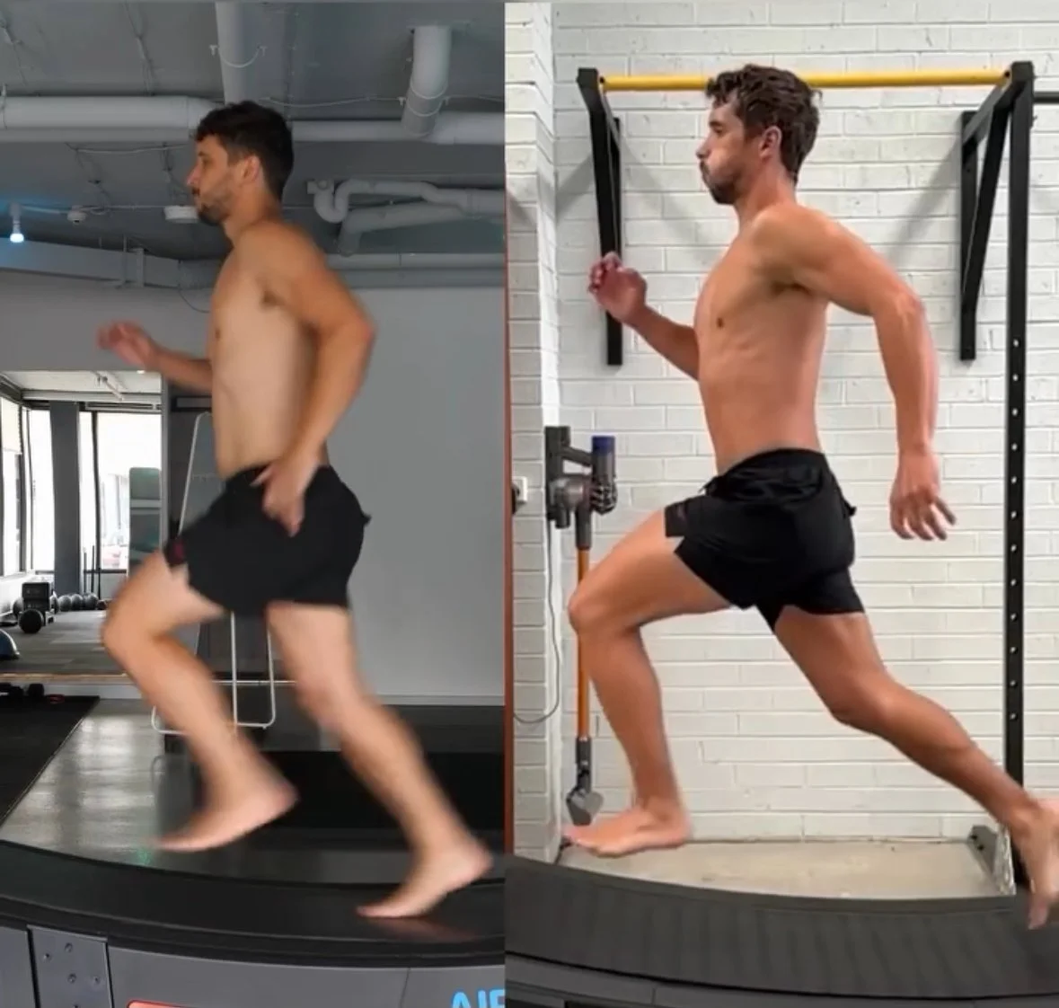 Side-by-side before and after gait analysis at Functional Patterns Melbourne, showing improved walking and running mechanics, posture, and functional movement patterns.