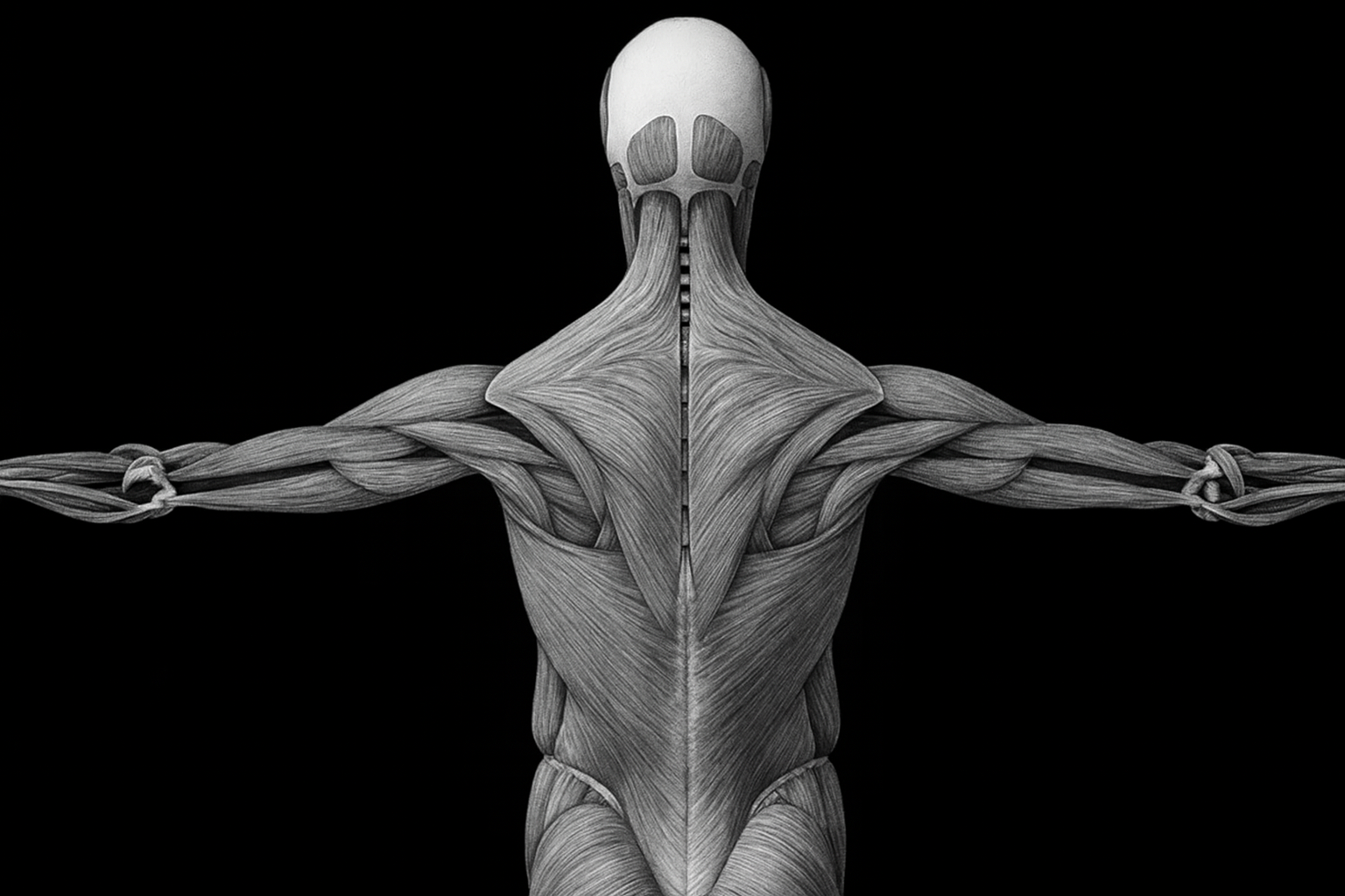Black and white anatomical illustration showing myofascial chains across the back, shoulders, and arms. Demonstrates how fascia connects muscles for efficient movement — Functional Patterns Melbourne.